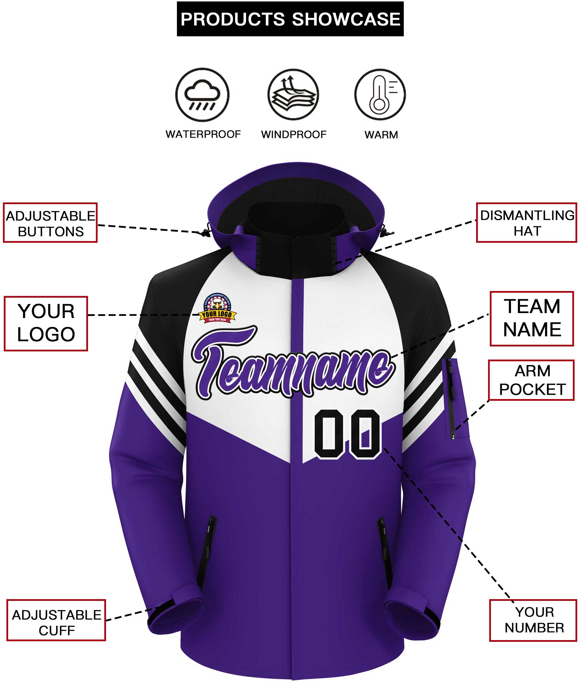 Custom White Purple-Black Color Block Personalized Outdoor Hooded Waterproof Jacket