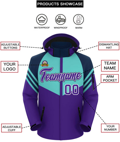 Custom Aqua Purple-Navy Color Block Personalized Outdoor Hooded Waterproof Jacket