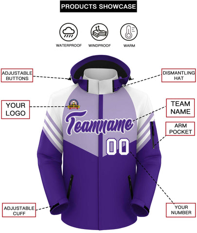 Custom Light Purple Purple-White Color Block Personalized Outdoor Hooded Waterproof Jacket