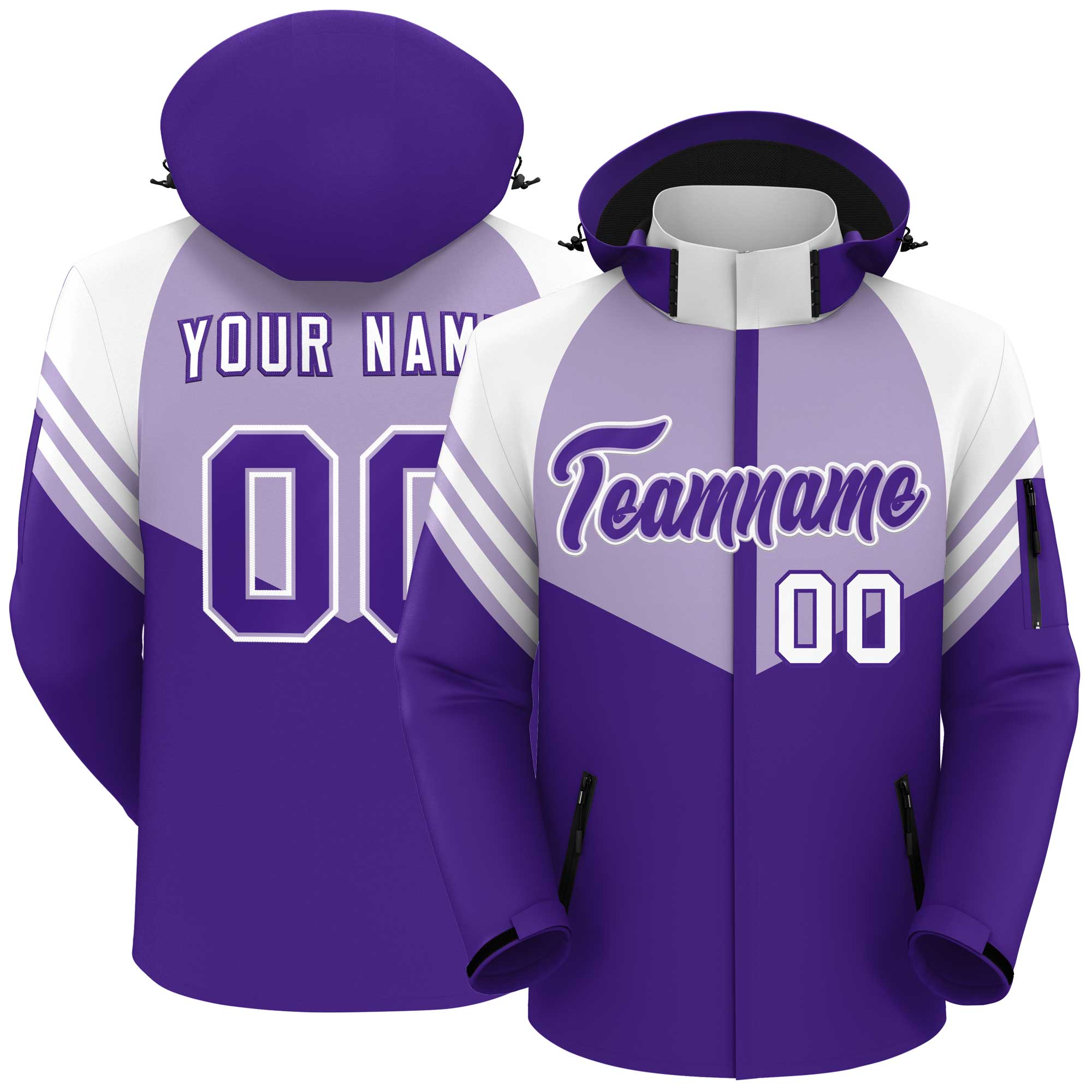 Custom Light Purple Purple-White Color Block Personalized Outdoor Hooded Waterproof Jacket