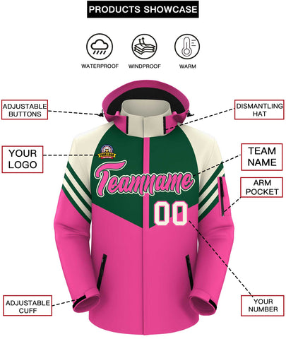 Custom Green Pink-Cream Color Block Personalized Outdoor Hooded Waterproof Jacket