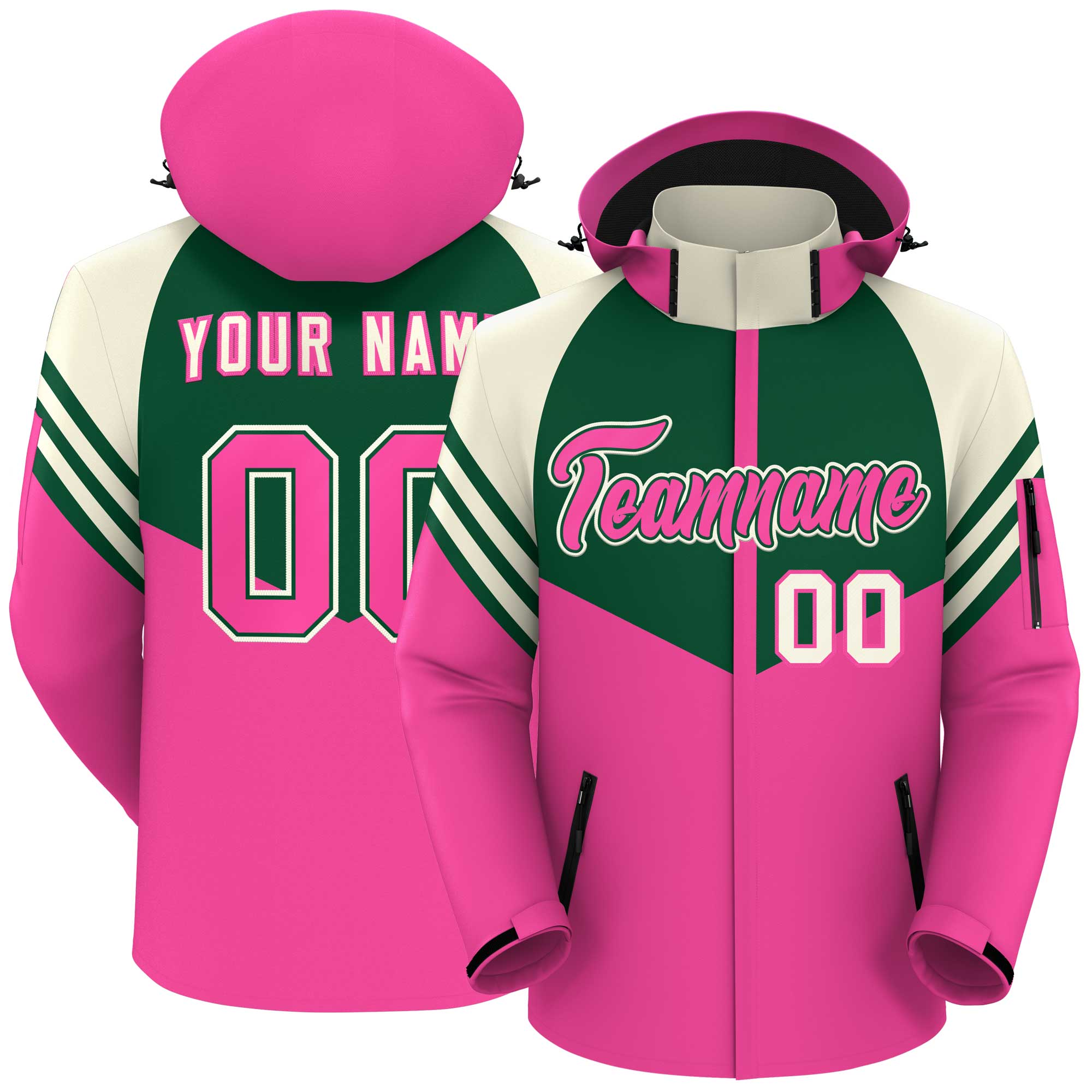 Custom Green Pink-Cream Color Block Personalized Outdoor Hooded Waterproof Jacket