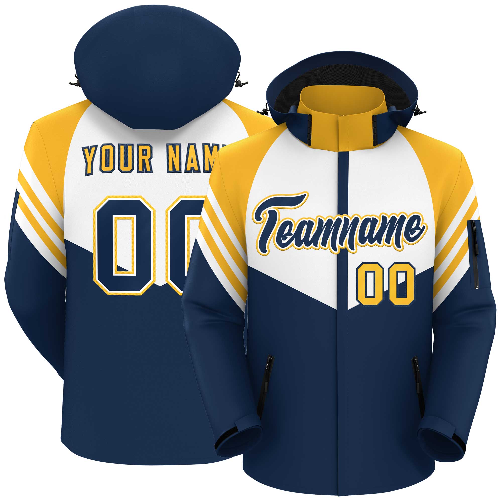 Custom White Navy-Gold Color Block Personalized Outdoor Hooded Waterproof Jacket