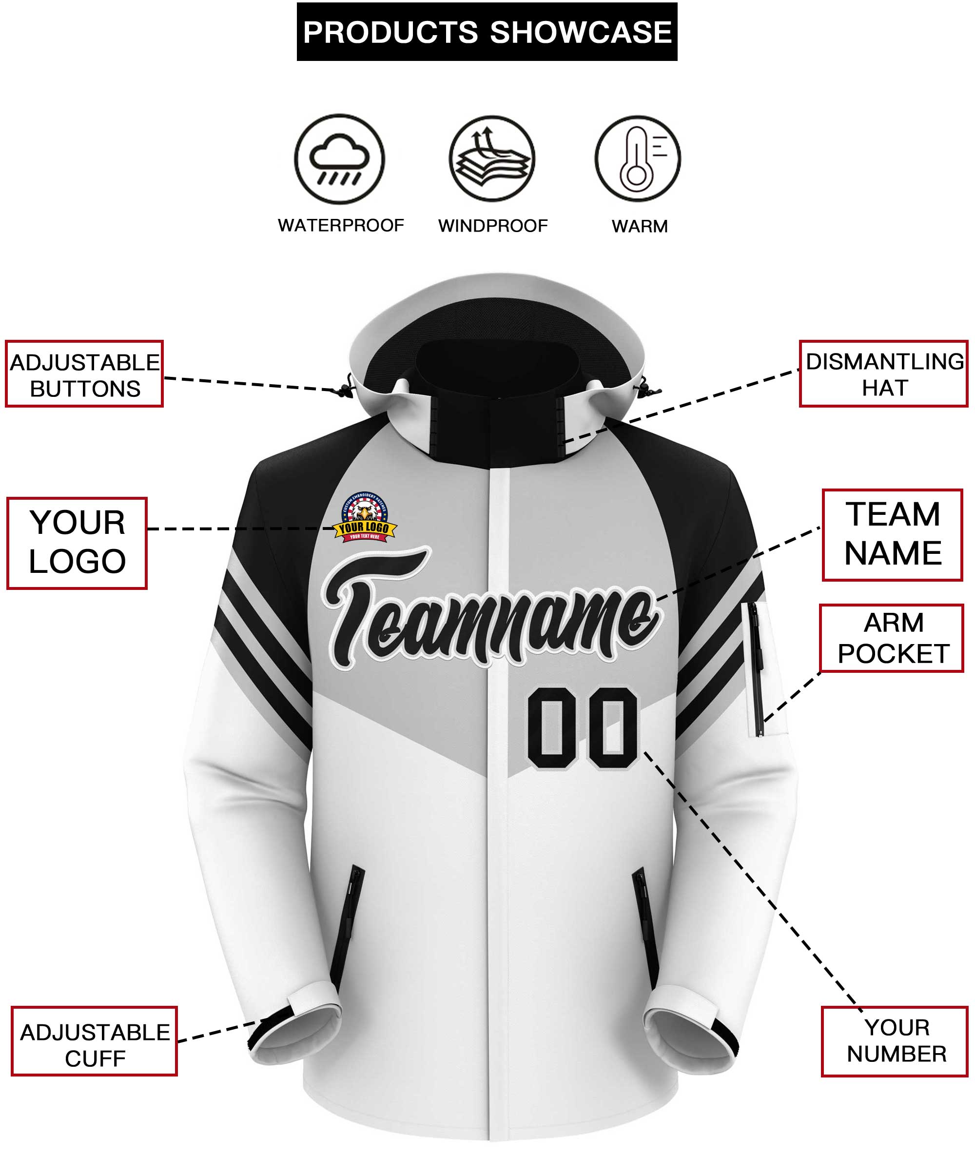 Custom Gray White-Black Color Block Personalized Outdoor Hooded Waterproof Jacket