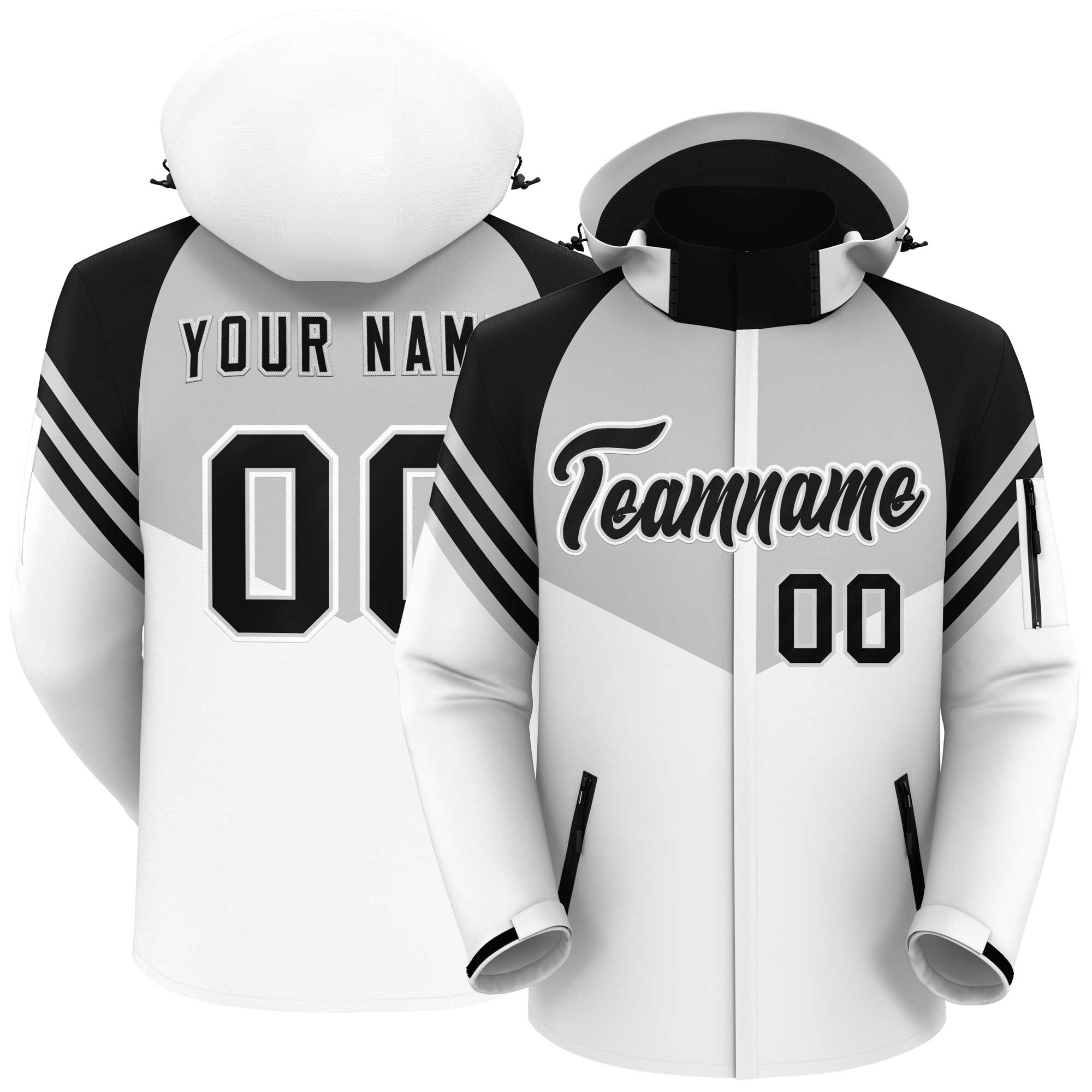 Custom Gray White-Black Color Block Personalized Outdoor Hooded Waterproof Jacket