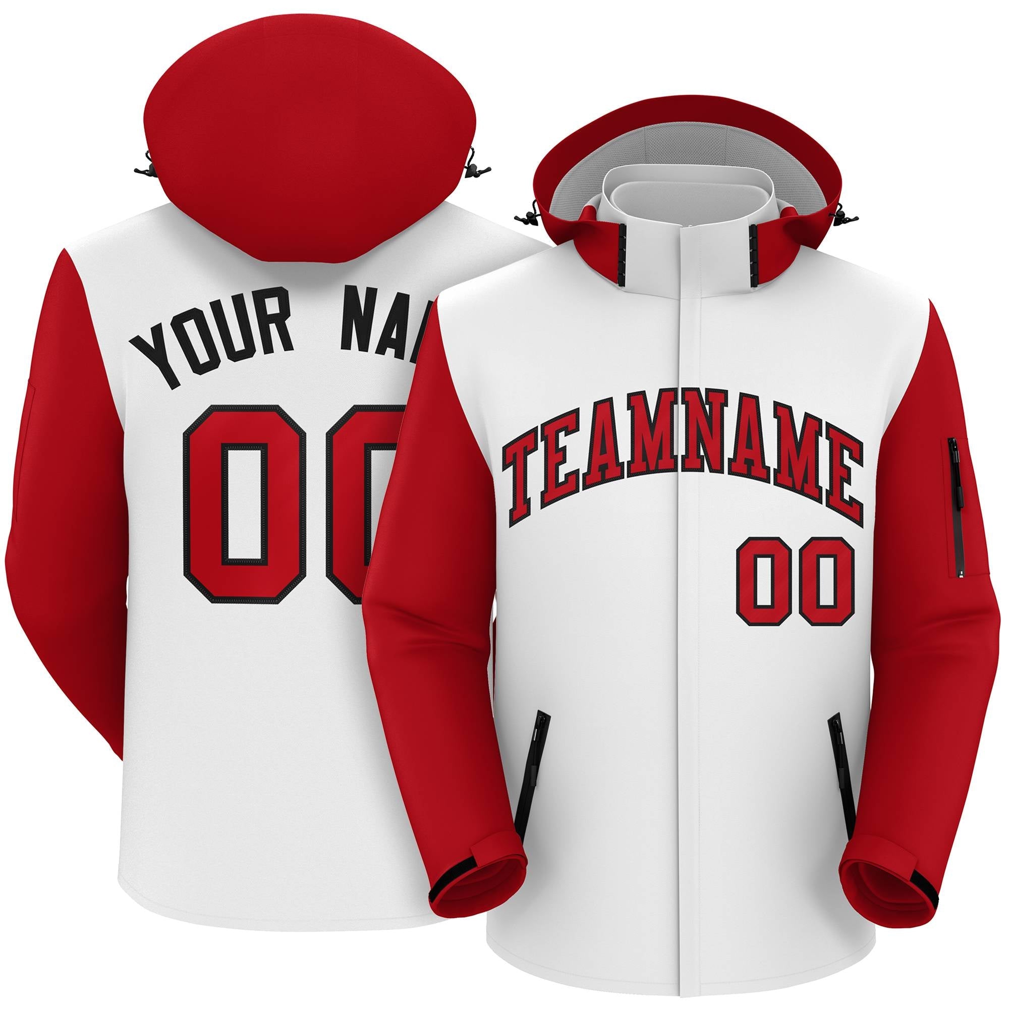 Veste imperméable personnalisée à manches raglan blanc rouge-noir