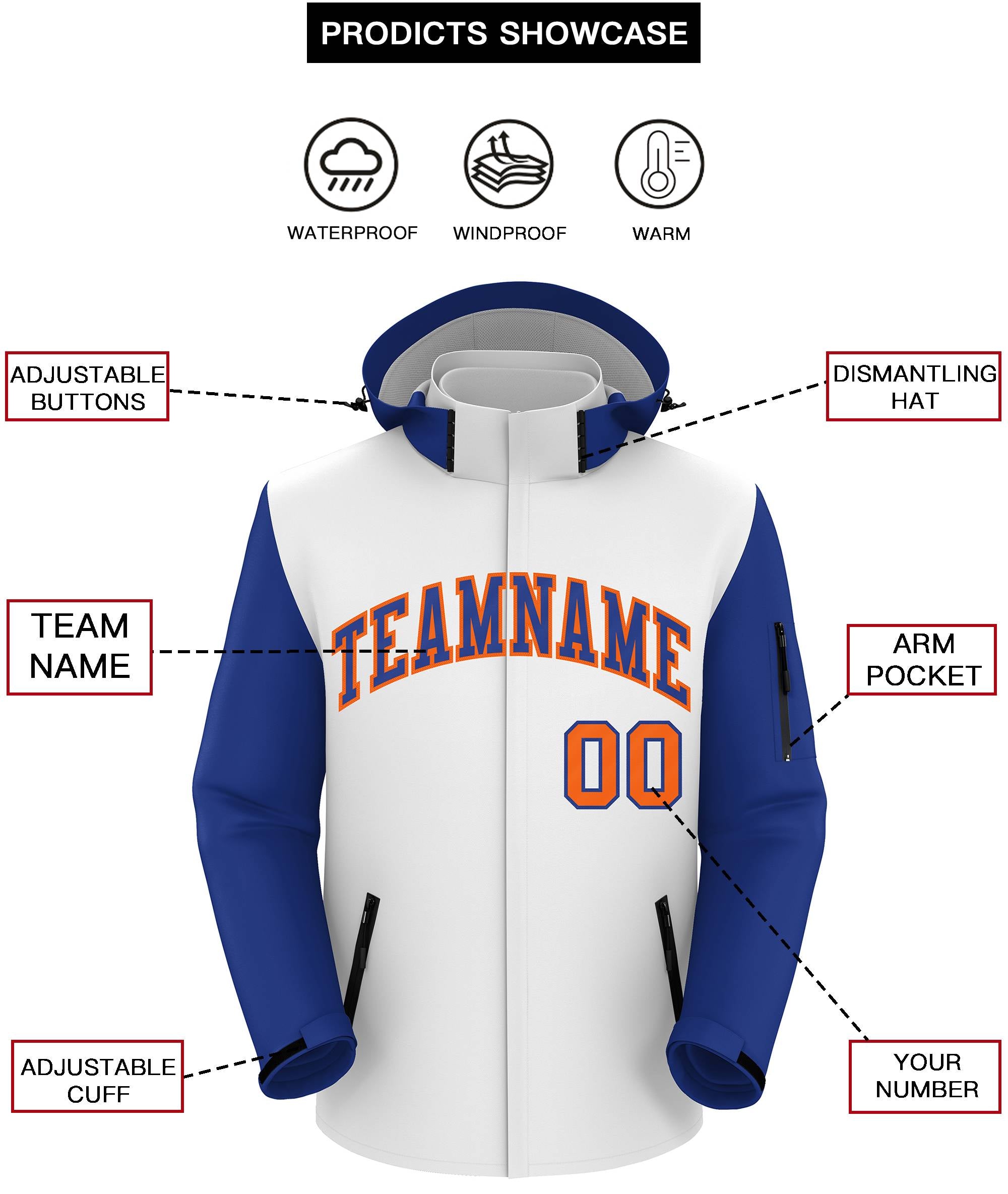 Custom White Royal-Orange Raglan Sleeves Waterproof Jacket