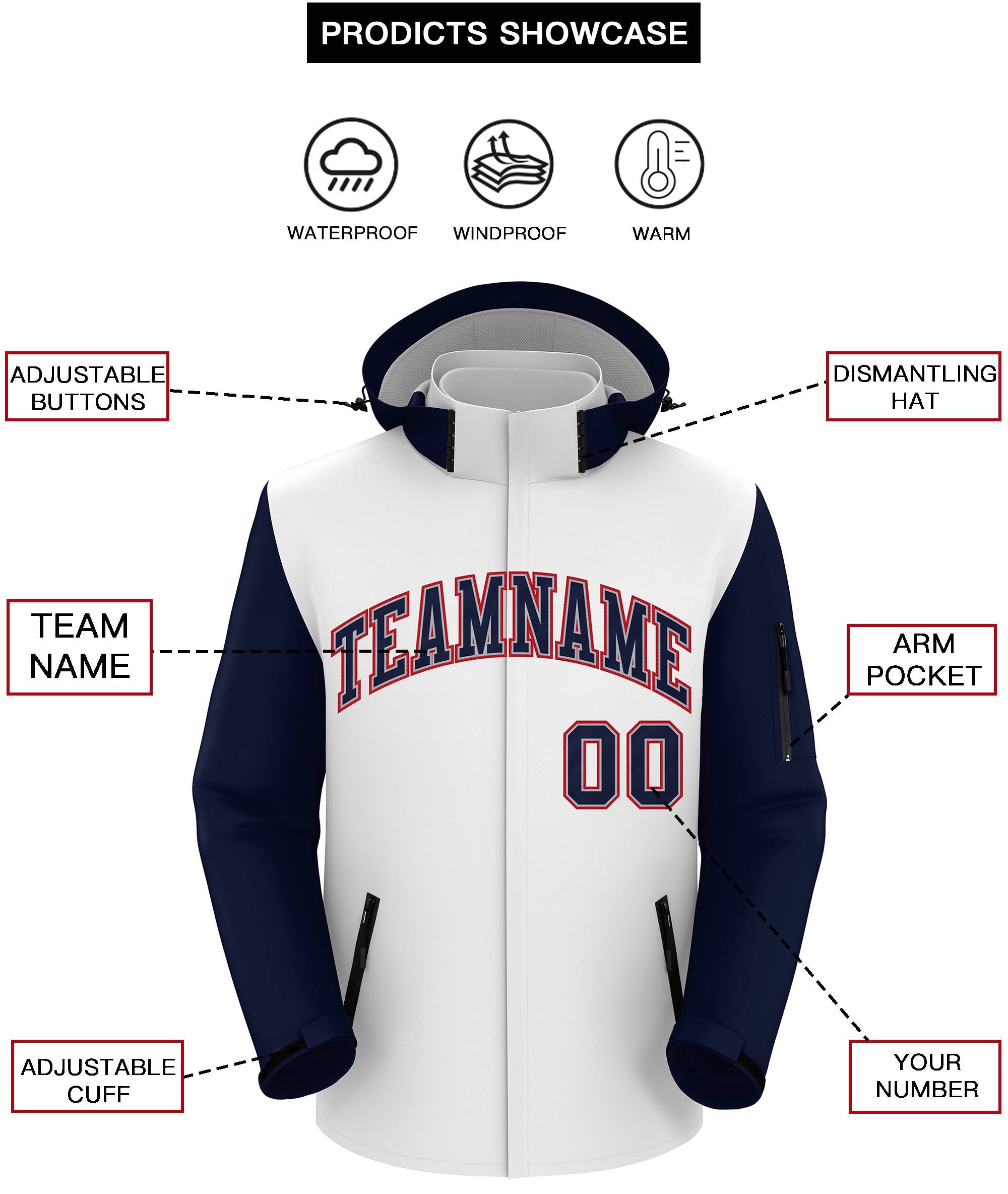 Custom White Navy-Red Raglan Sleeves Waterproof Jacket