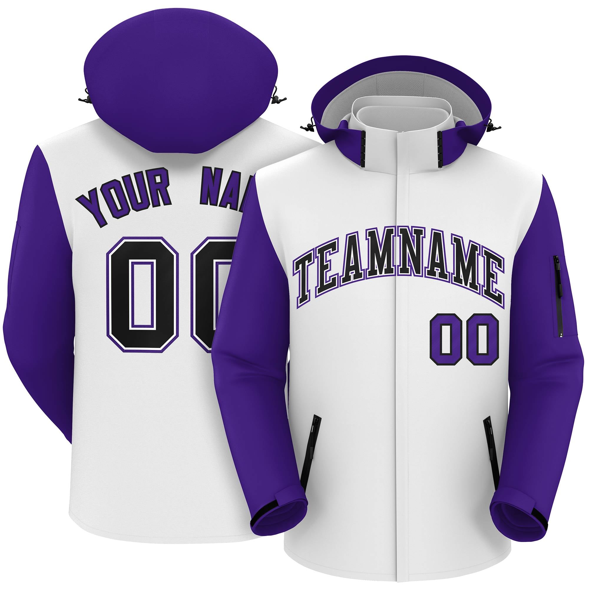 Veste imperméable personnalisée à manches raglan blanc violet-noir