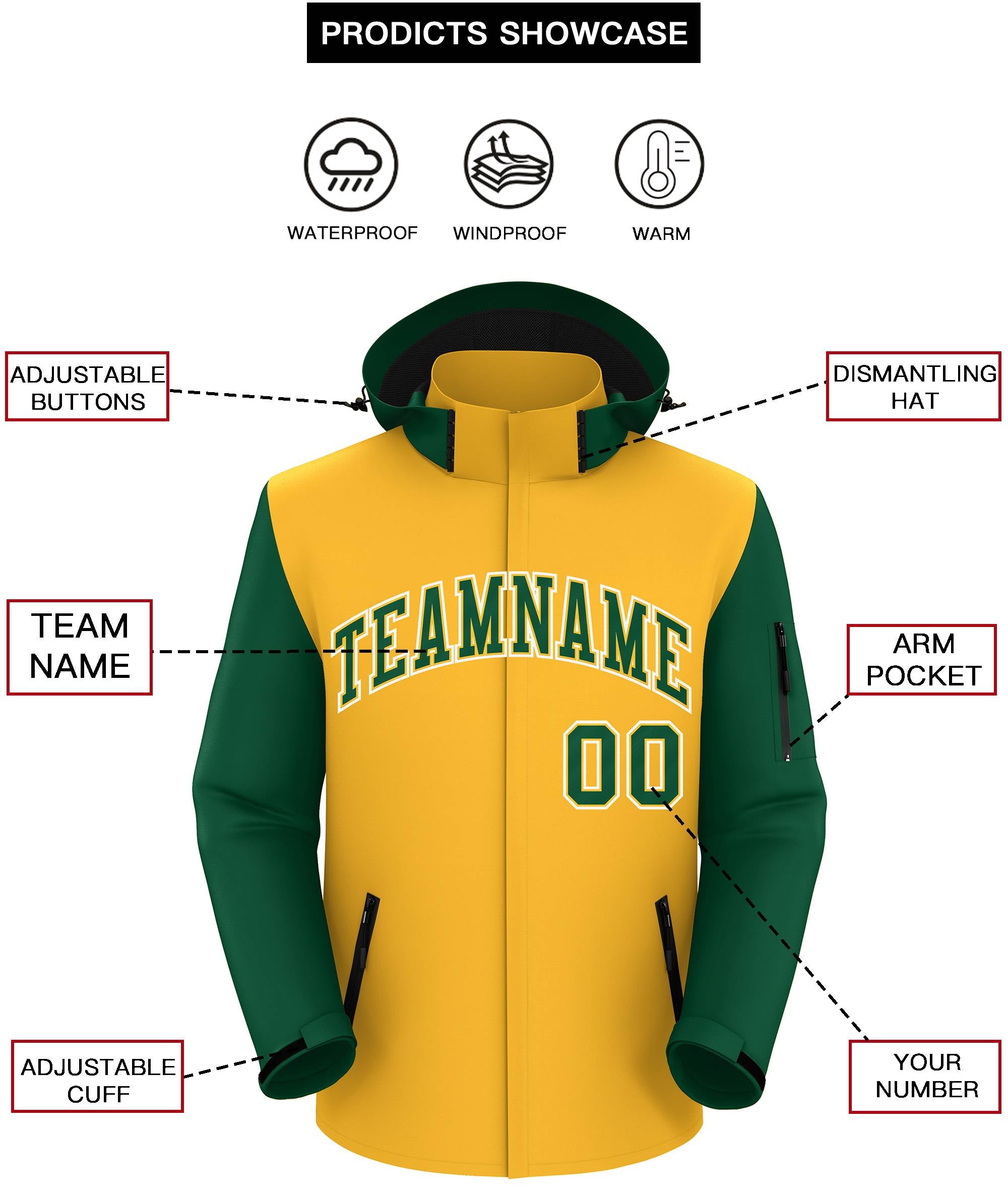 Custom Gold Green-White Raglan Sleeves Waterproof Jacket