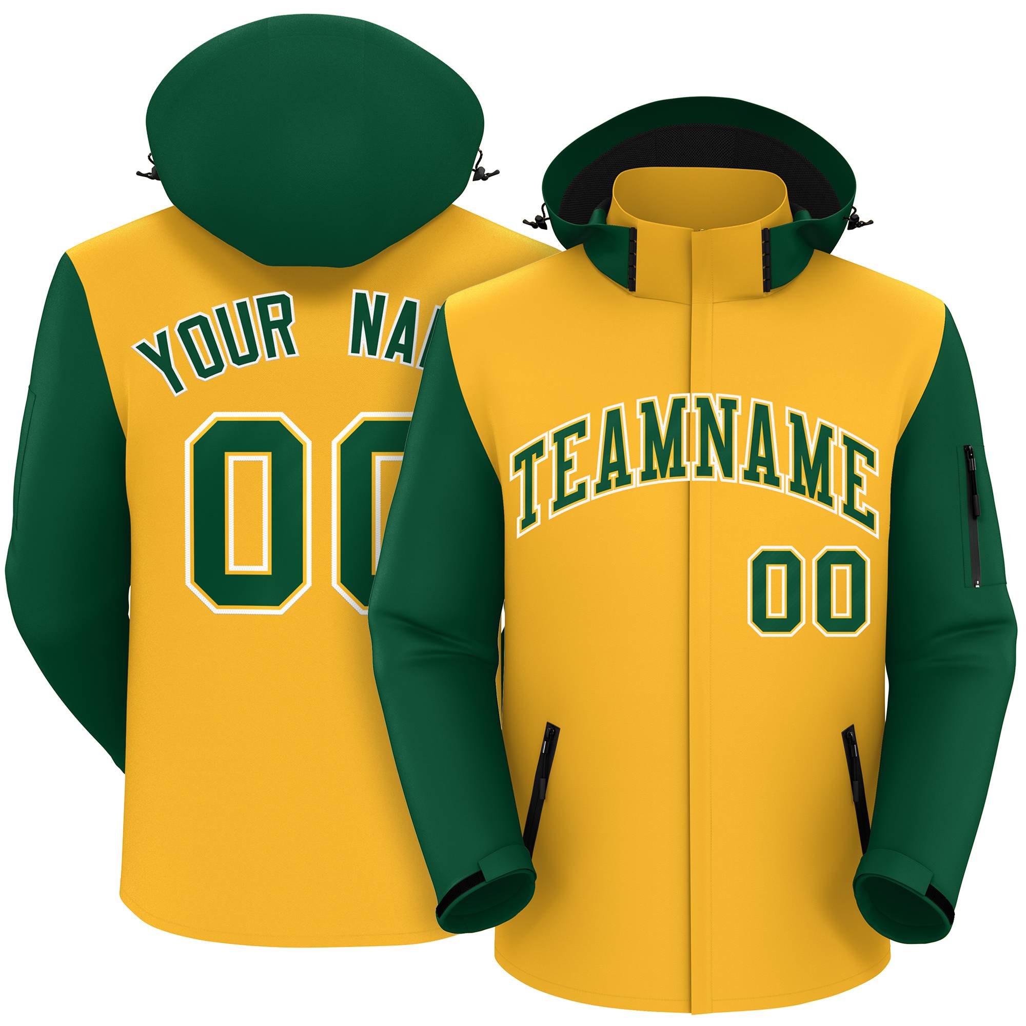 Custom Gold Green-White Raglan Sleeves Waterproof Jacket