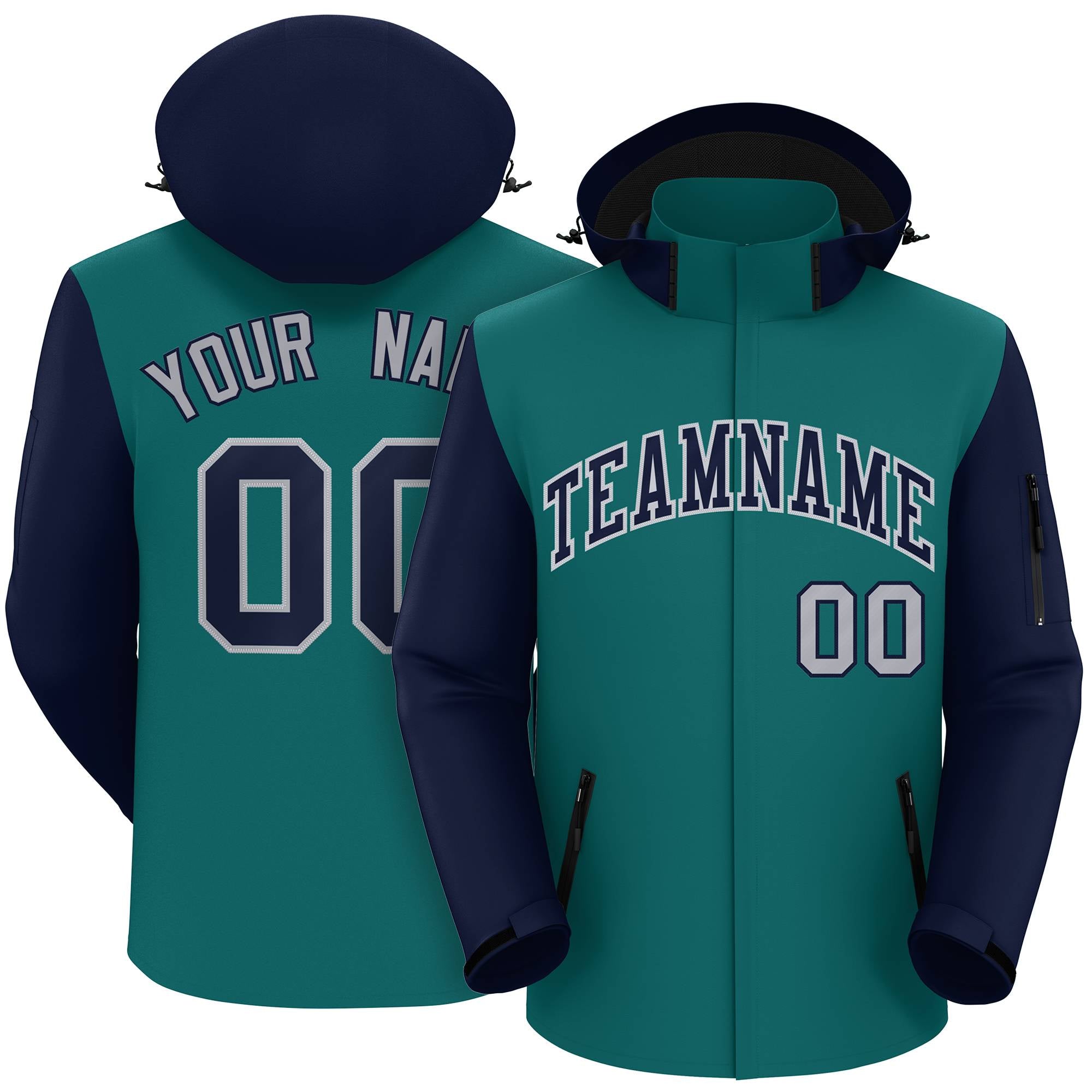 Custom Teal Navy-Gray Raglan Sleeves Waterproof Jacket