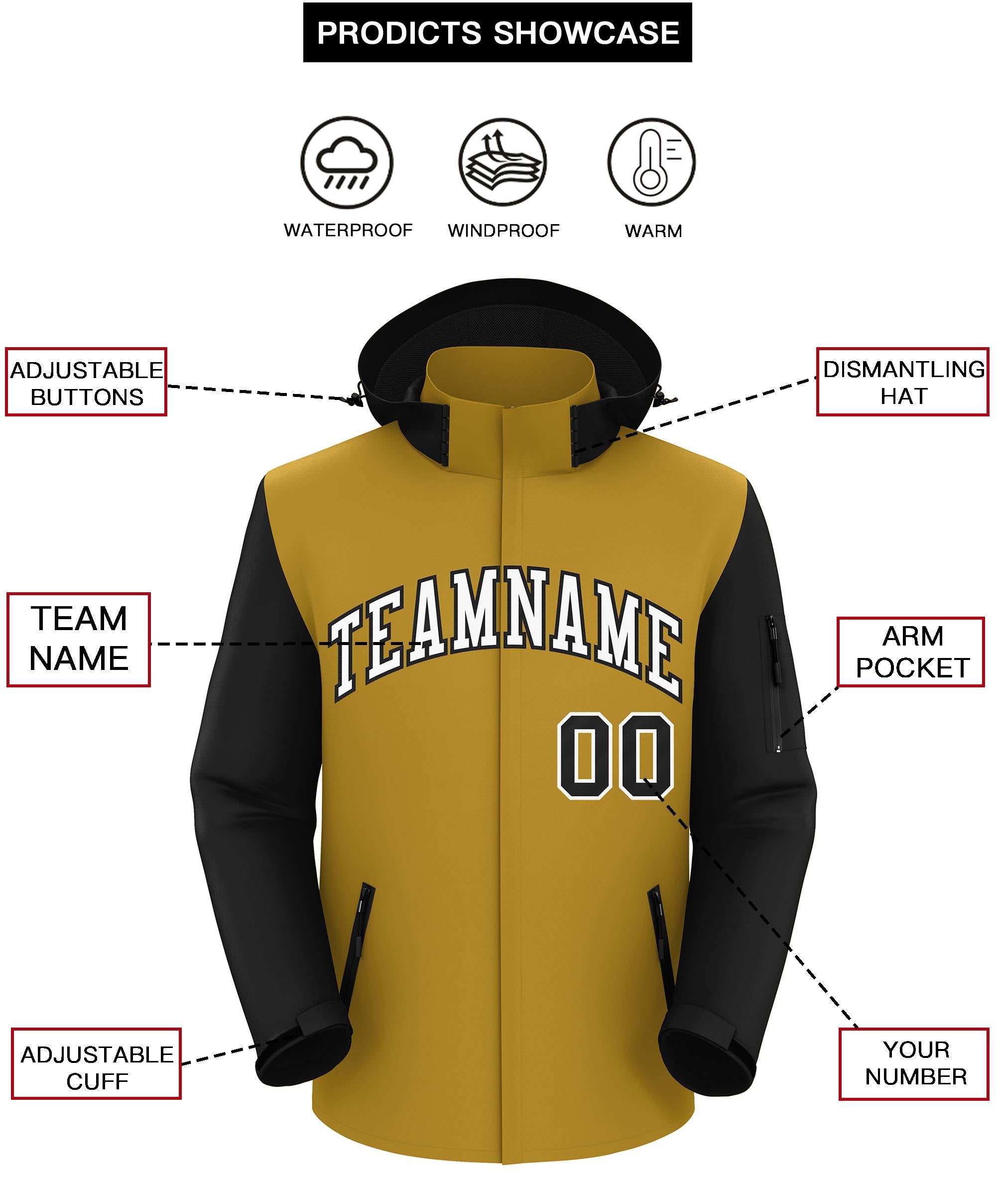 Custom Old Gold Black-White Raglan Sleeves Waterproof Jacket