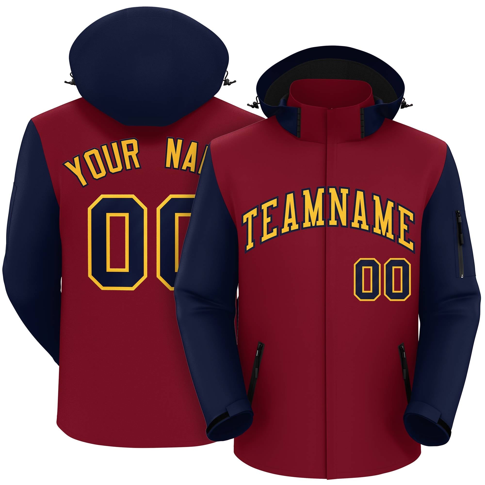 Custom Crimson Navy-Gold Raglan Sleeves Waterproof Jacket