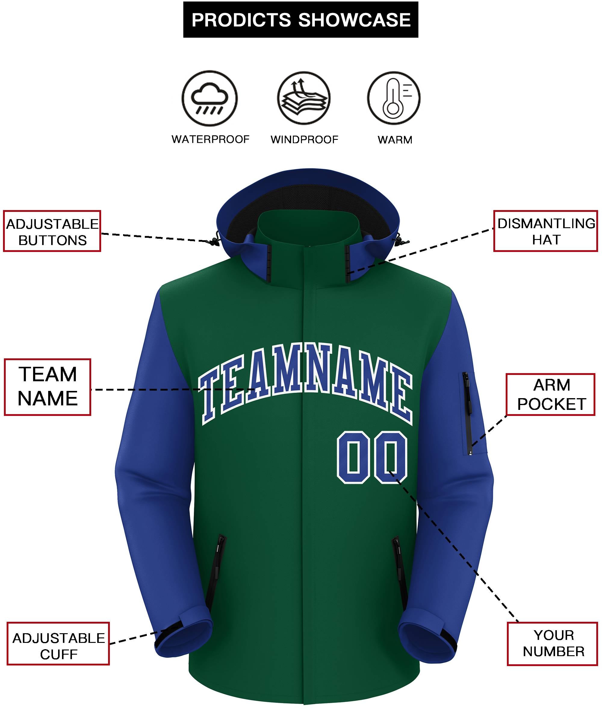 Custom Green Royal-White Raglan Sleeves Waterproof Jacket