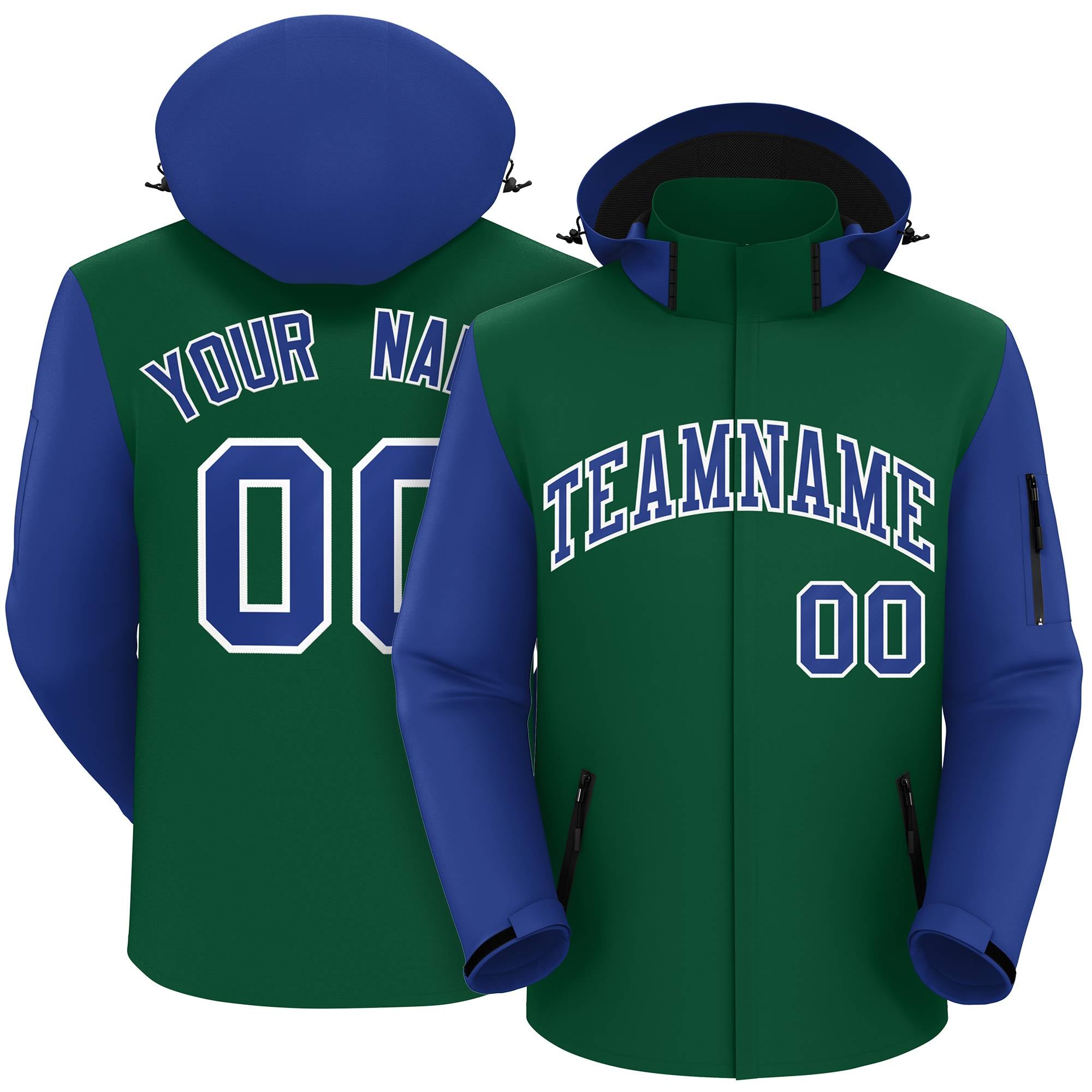 Custom Green Royal-White Raglan Sleeves Waterproof Jacket