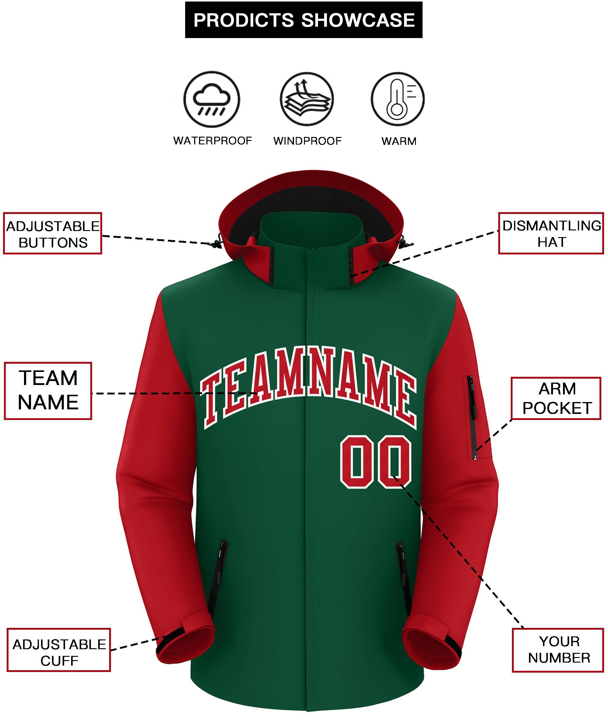 Custom Green Red-White Raglan Sleeves Waterproof Jacket