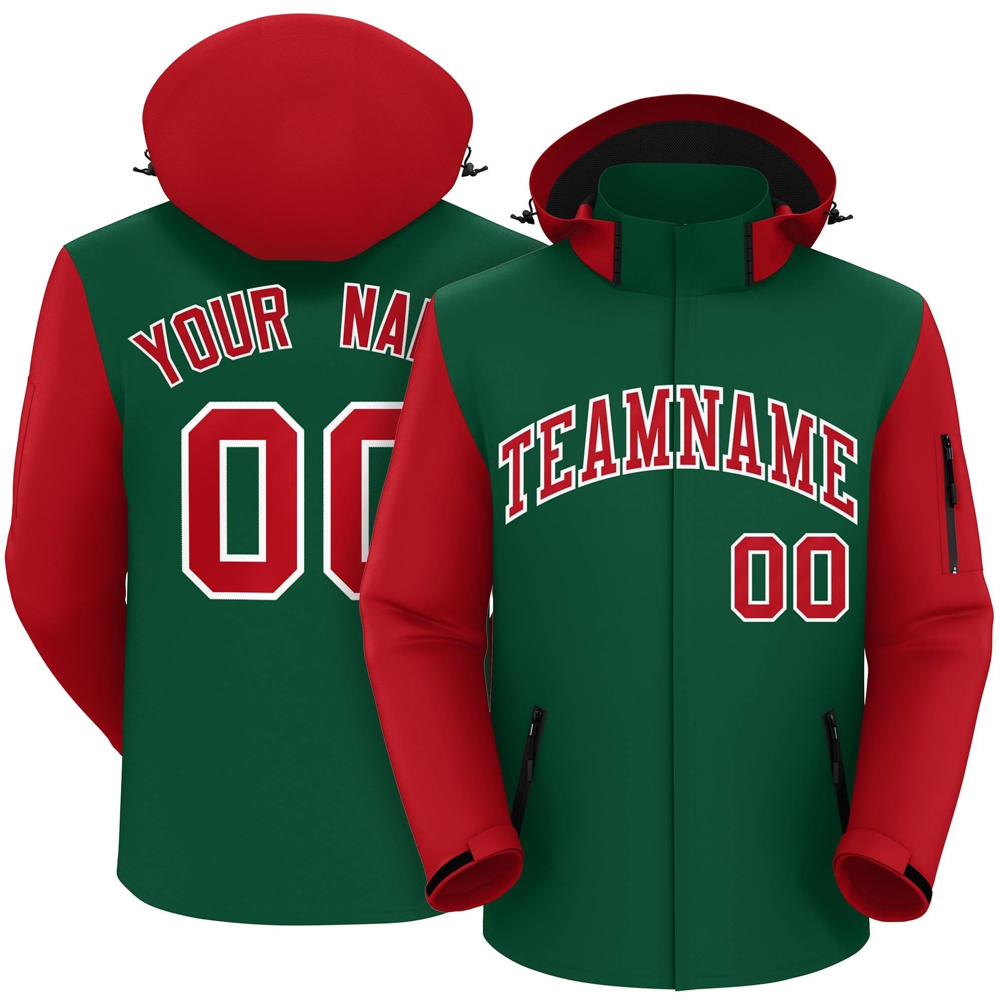 Custom Green Red-White Raglan Sleeves Waterproof Jacket