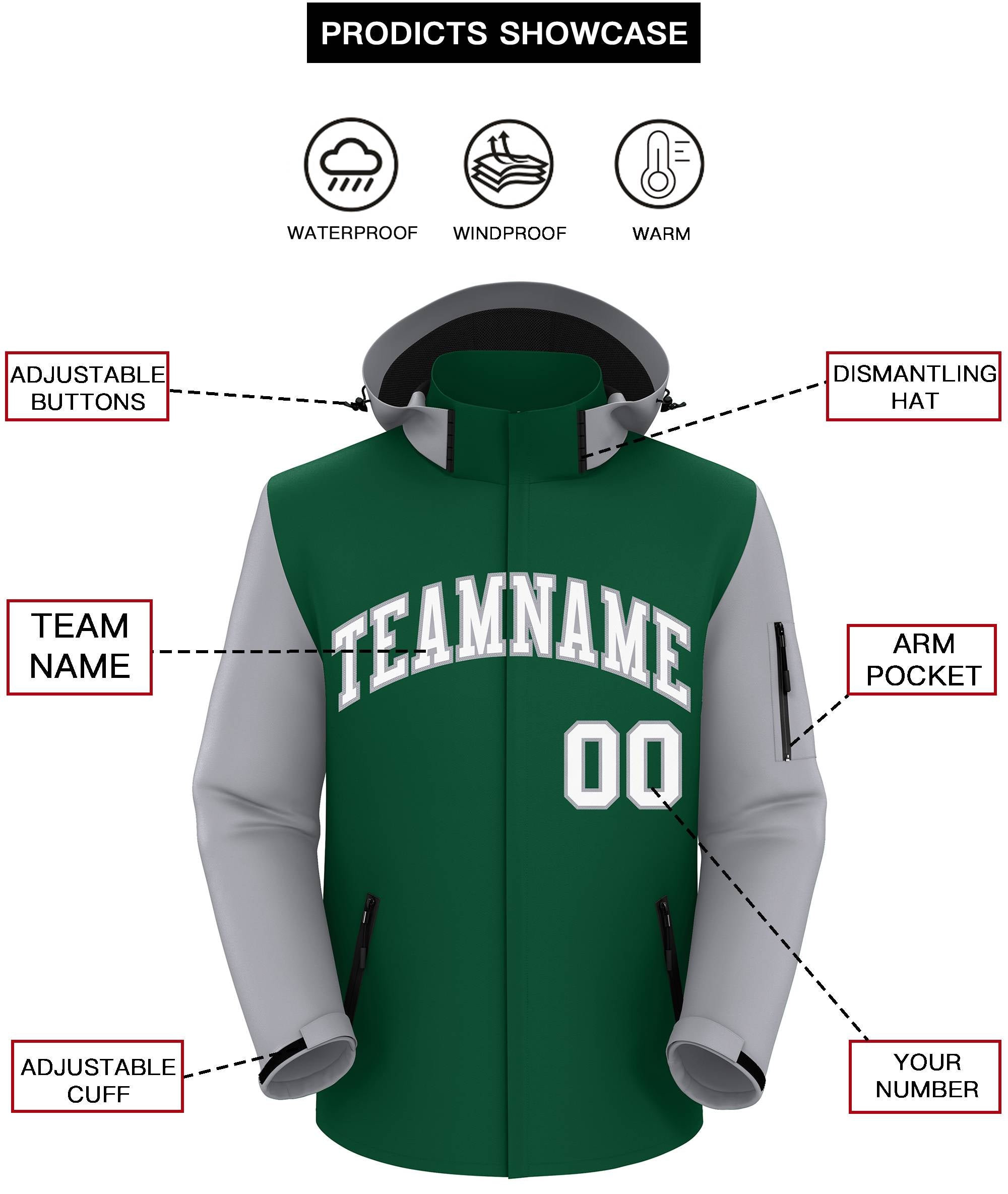 Custom Green Gray-White Raglan Sleeves Waterproof Jacket