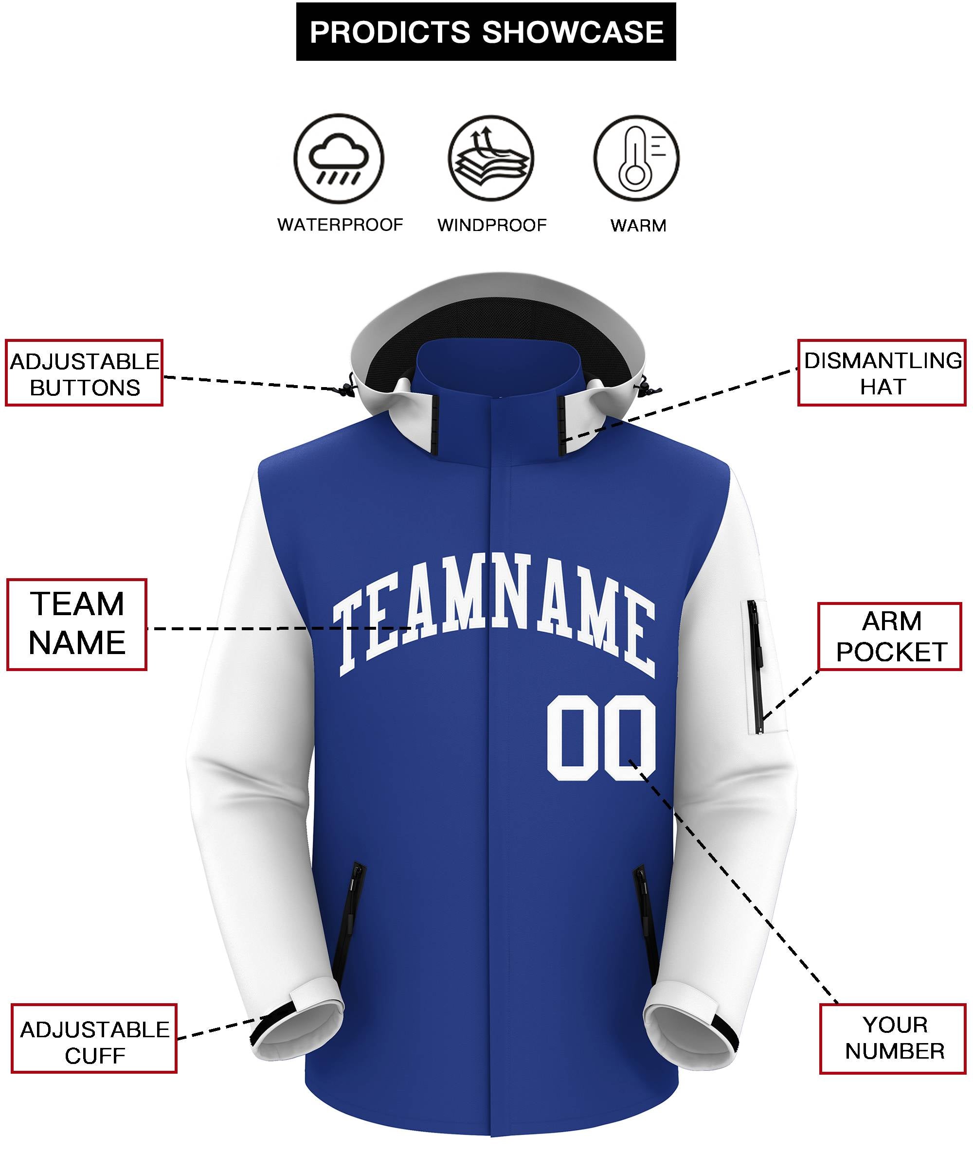 Custom Royal White- Raglan Sleeves Waterproof Jacket