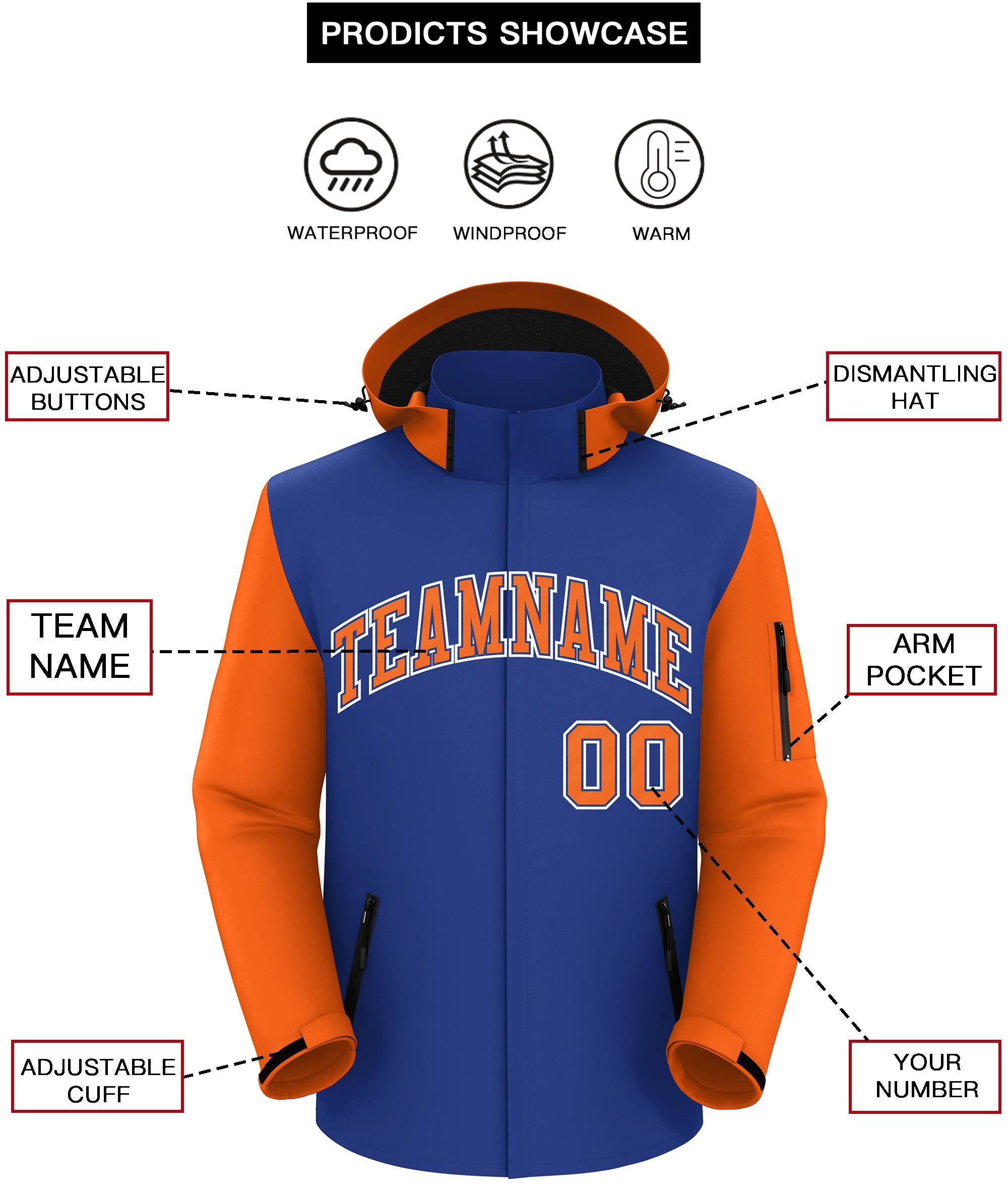 Custom Royal Orange-White Raglan Sleeves Waterproof Jacket