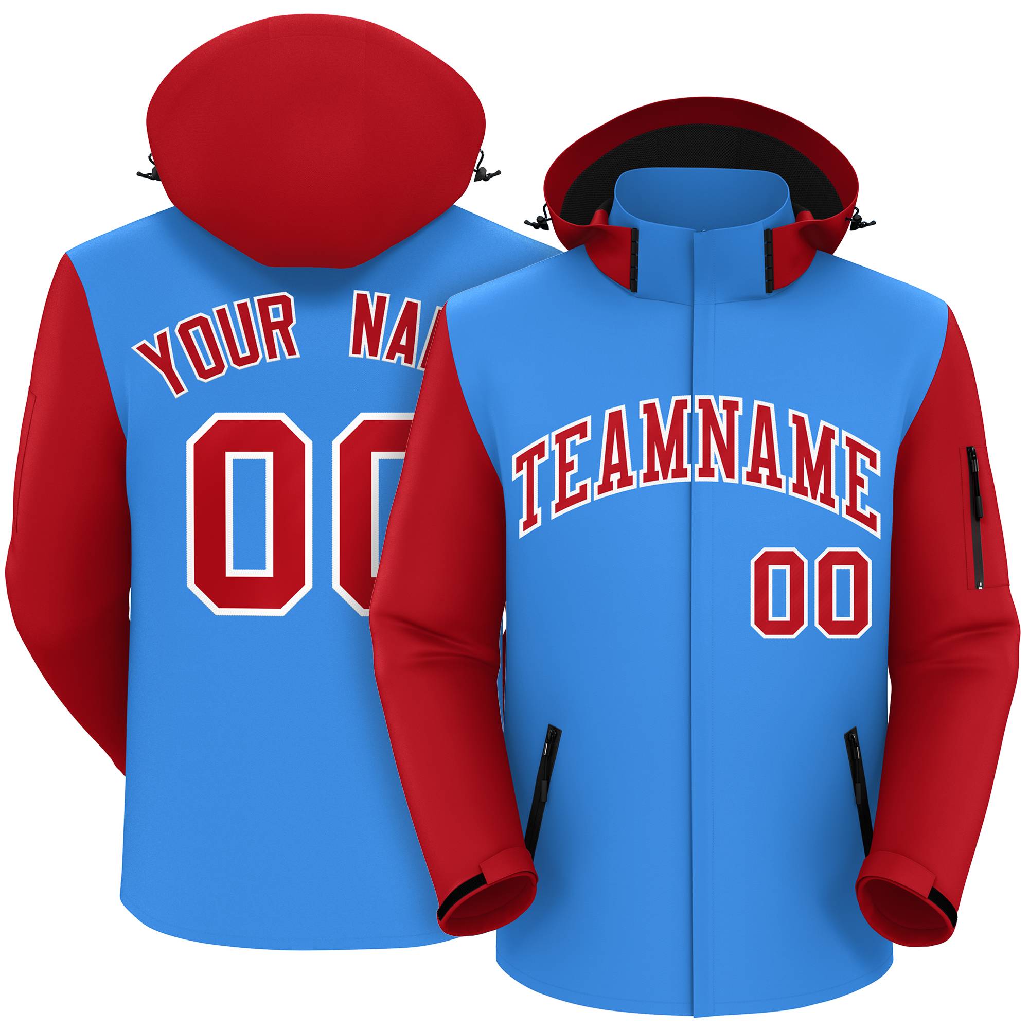 Custom Powder Blue Red-White Raglan Sleeves Waterproof Jacket