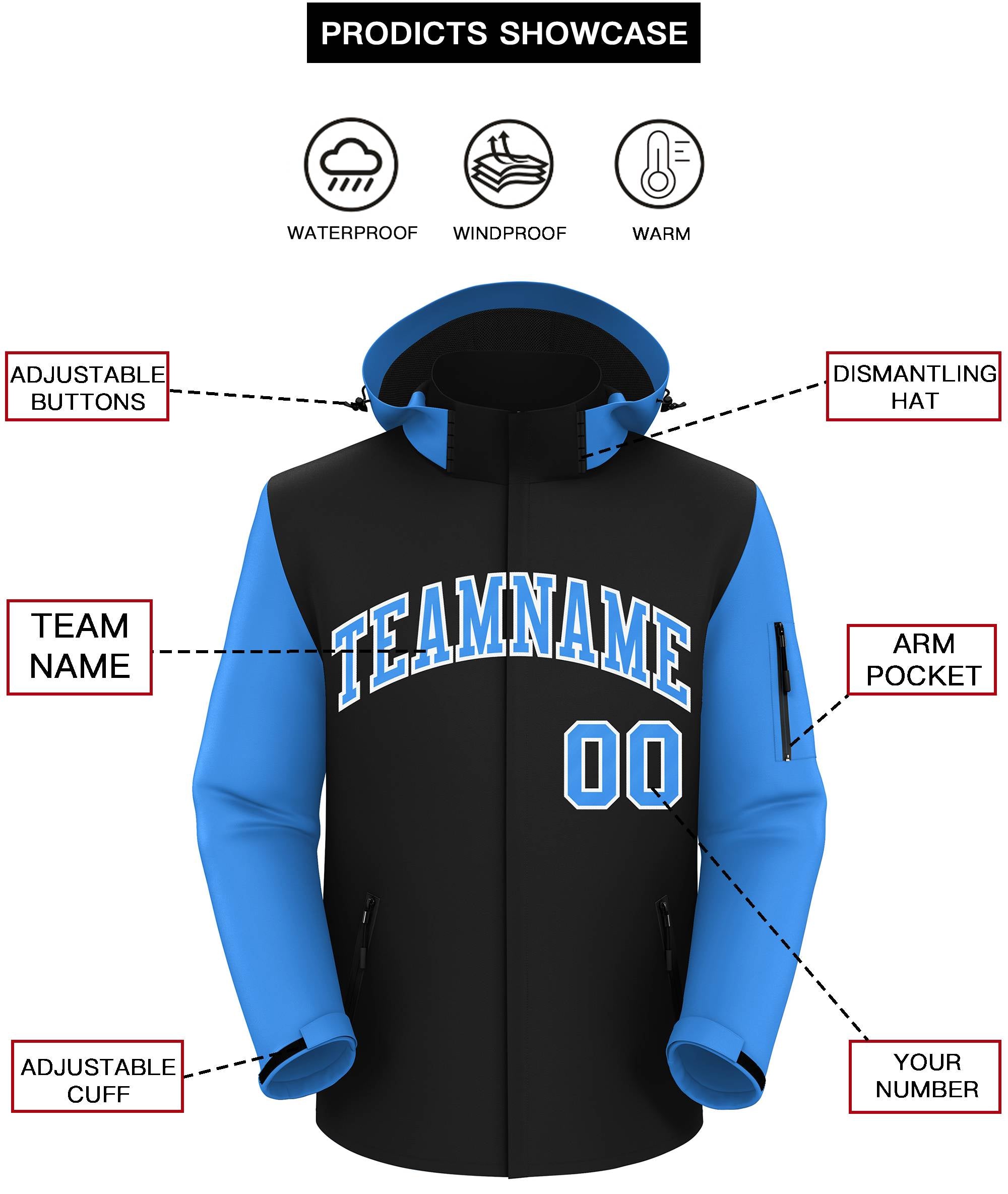 Custom Black Powder Blue-White Raglan Sleeves Waterproof Jacket