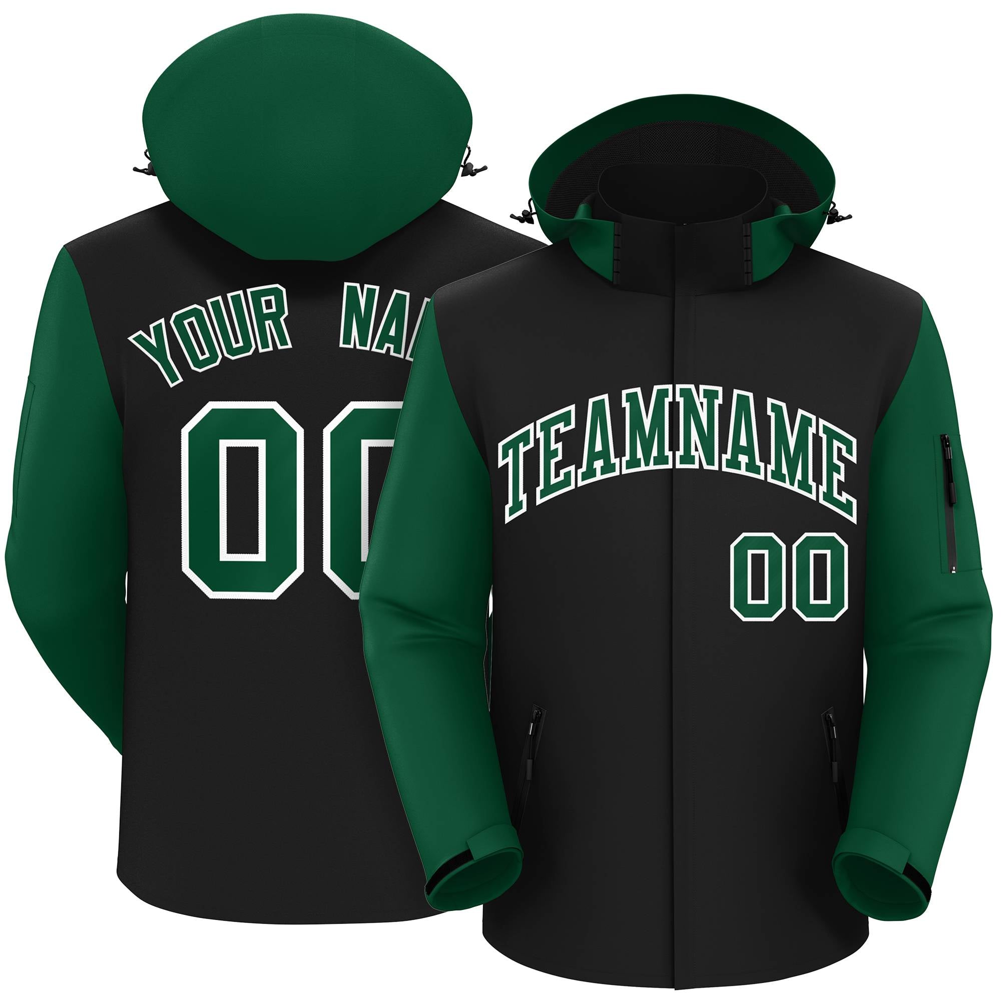 Custom Black Green-White Raglan Sleeves Waterproof Jacket