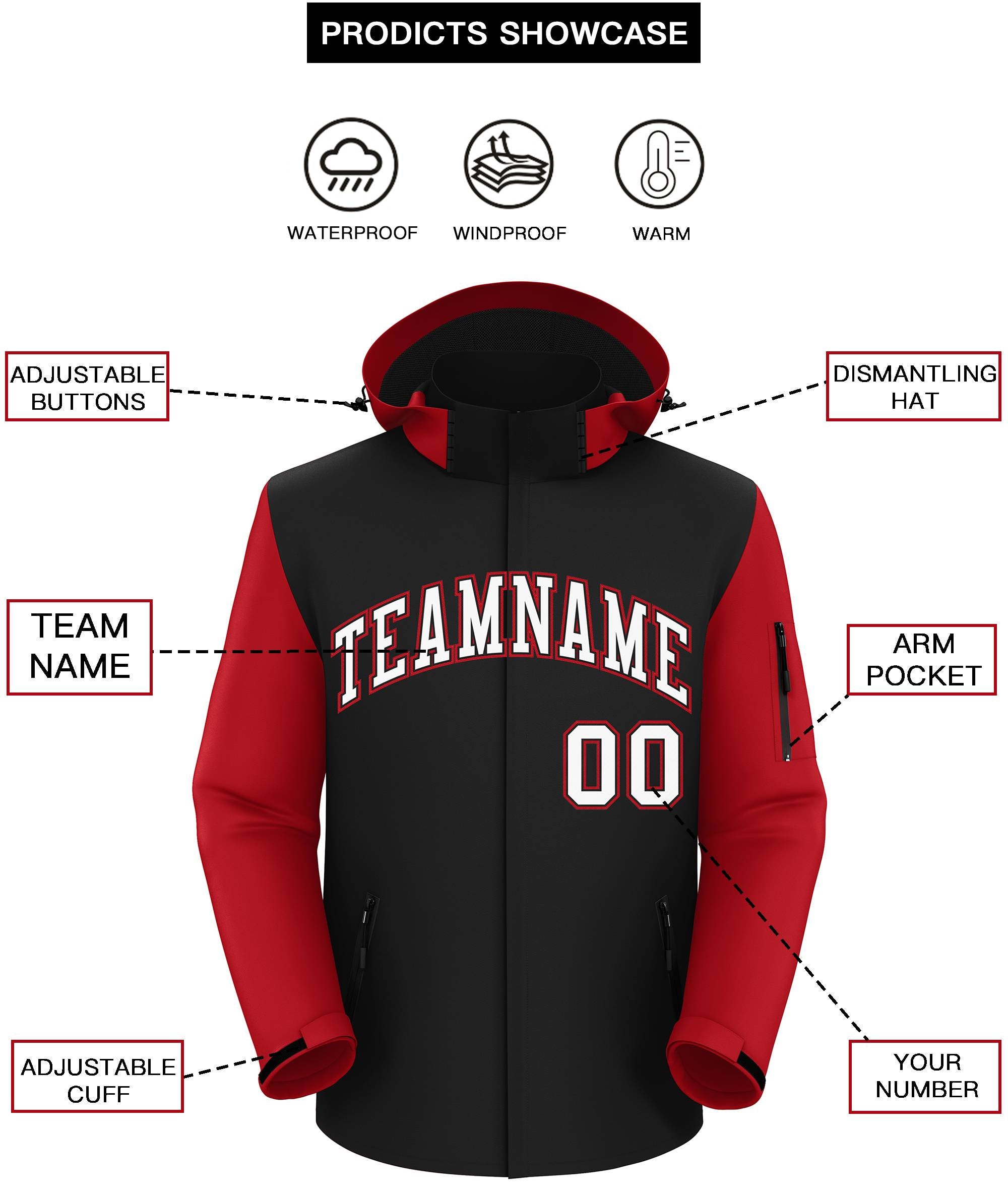 Custom Black Red-White Raglan Sleeves Waterproof Jacket