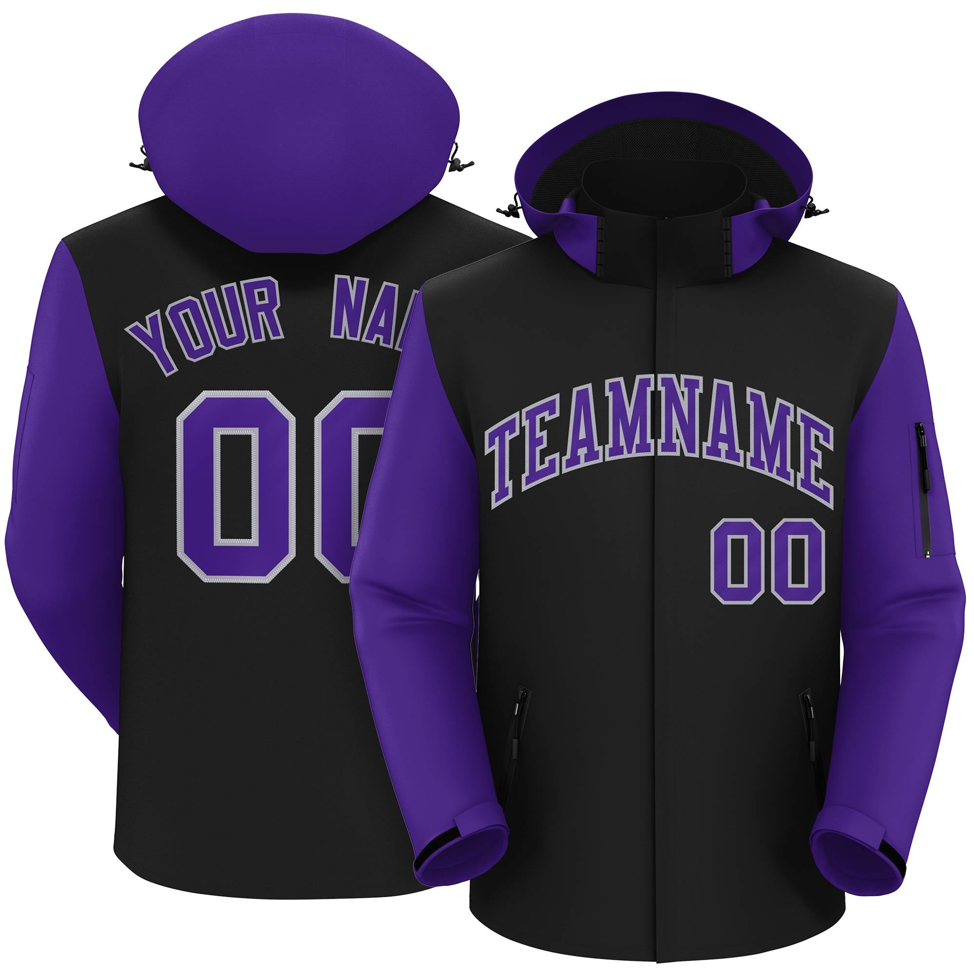 Custom Black Purple-Gray Raglan Sleeves Waterproof Jacket