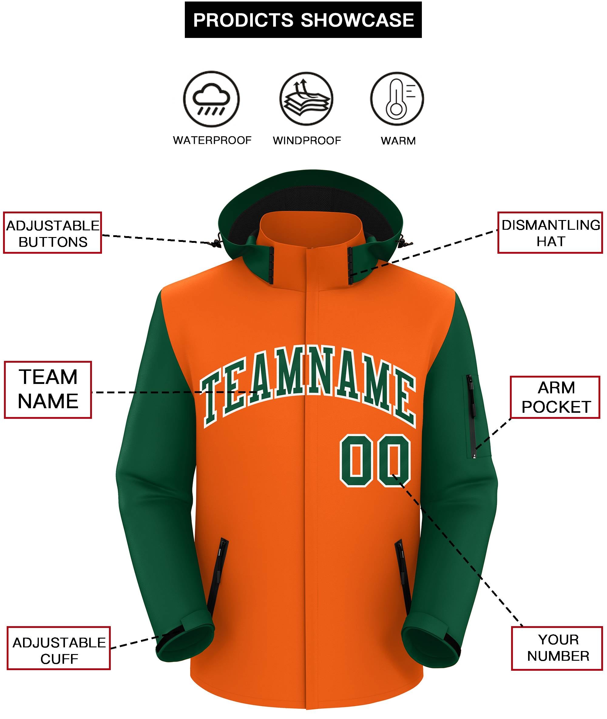 Custom Orange Green-White Raglan Sleeves Waterproof Jacket