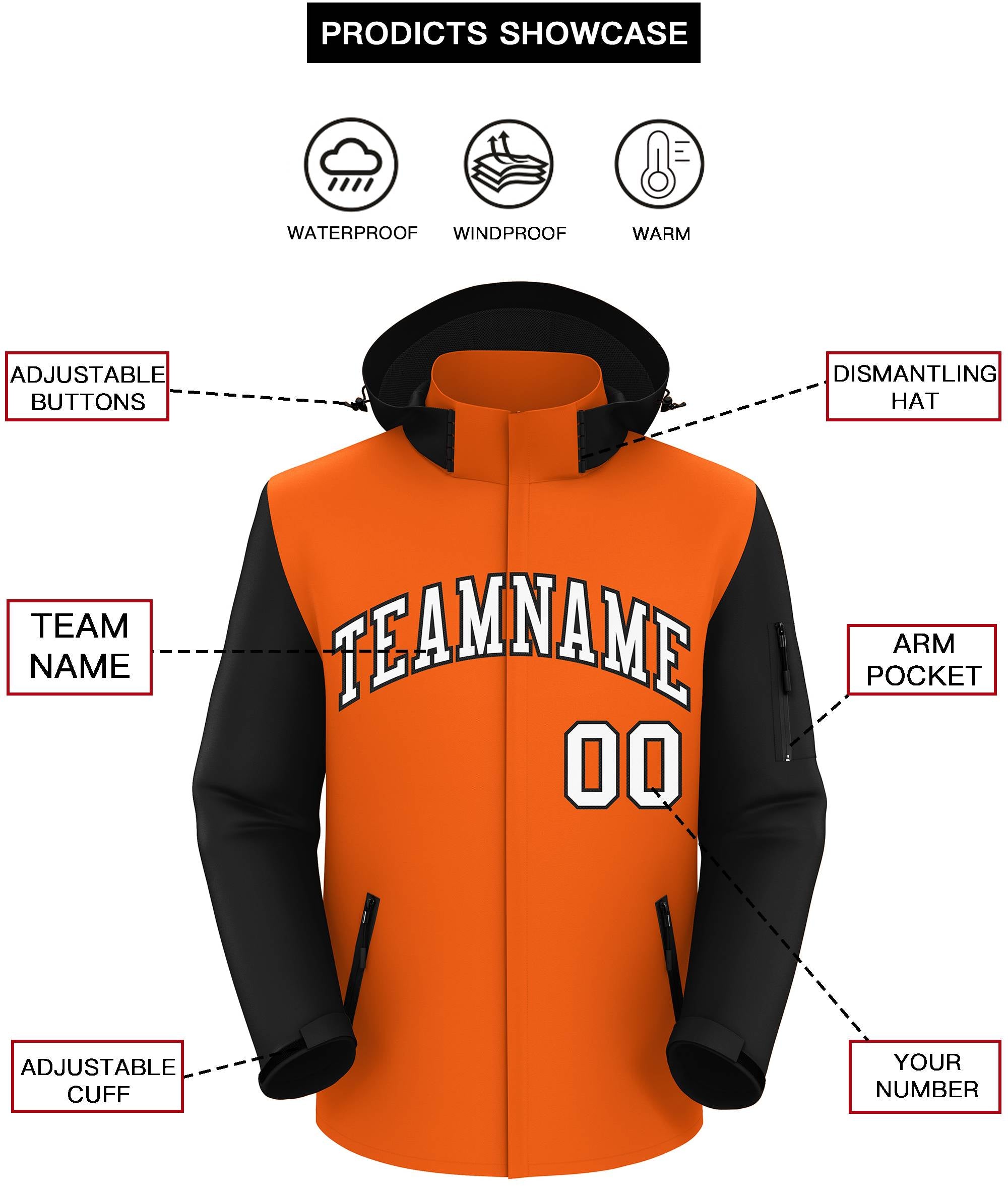 Custom Orange Black-White Raglan Sleeves Waterproof Jacket