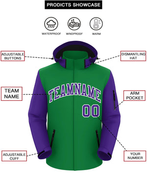 Custom Kelly Green Purple-White Raglan Sleeves Waterproof Jacket