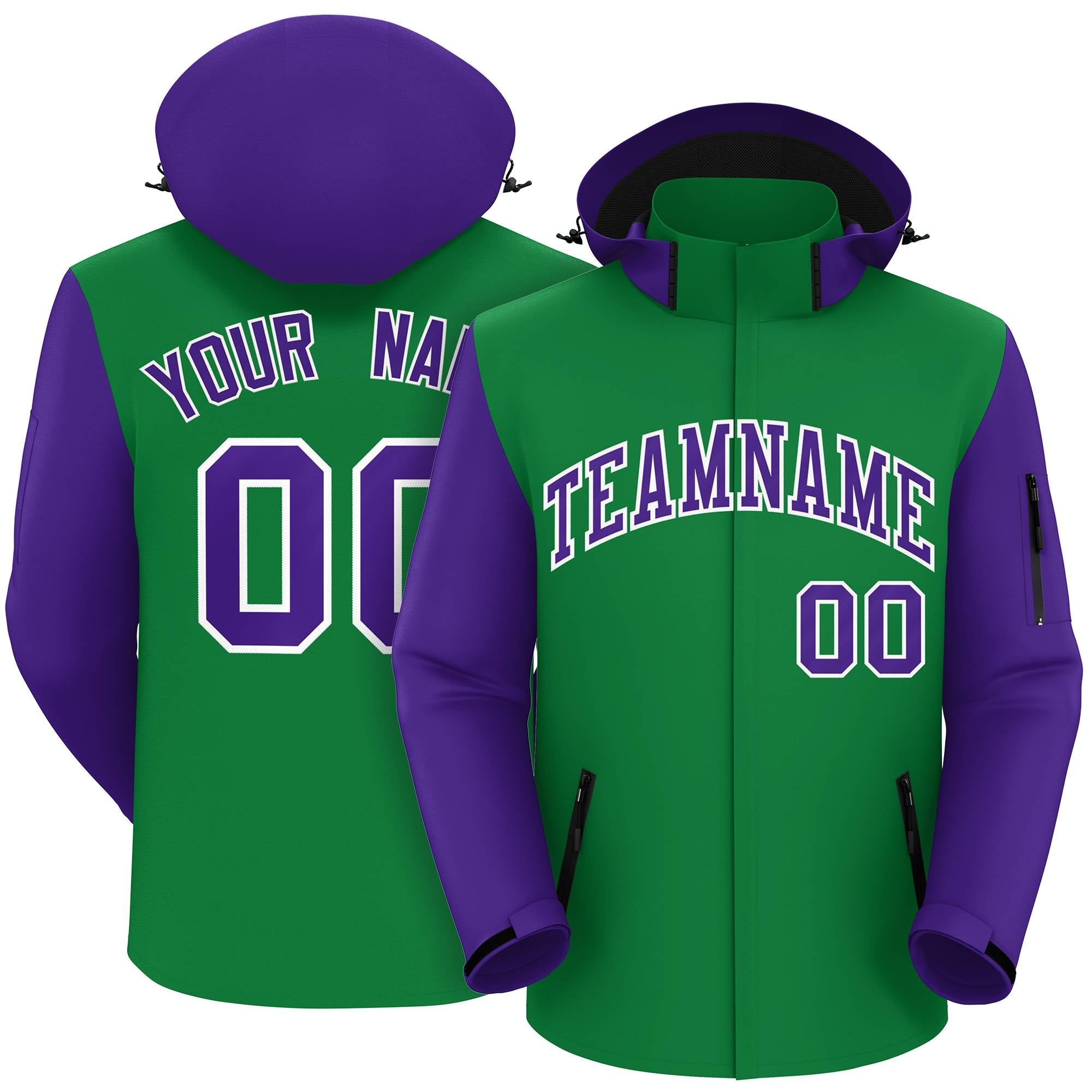 Custom Kelly Green Purple-White Raglan Sleeves Waterproof Jacket