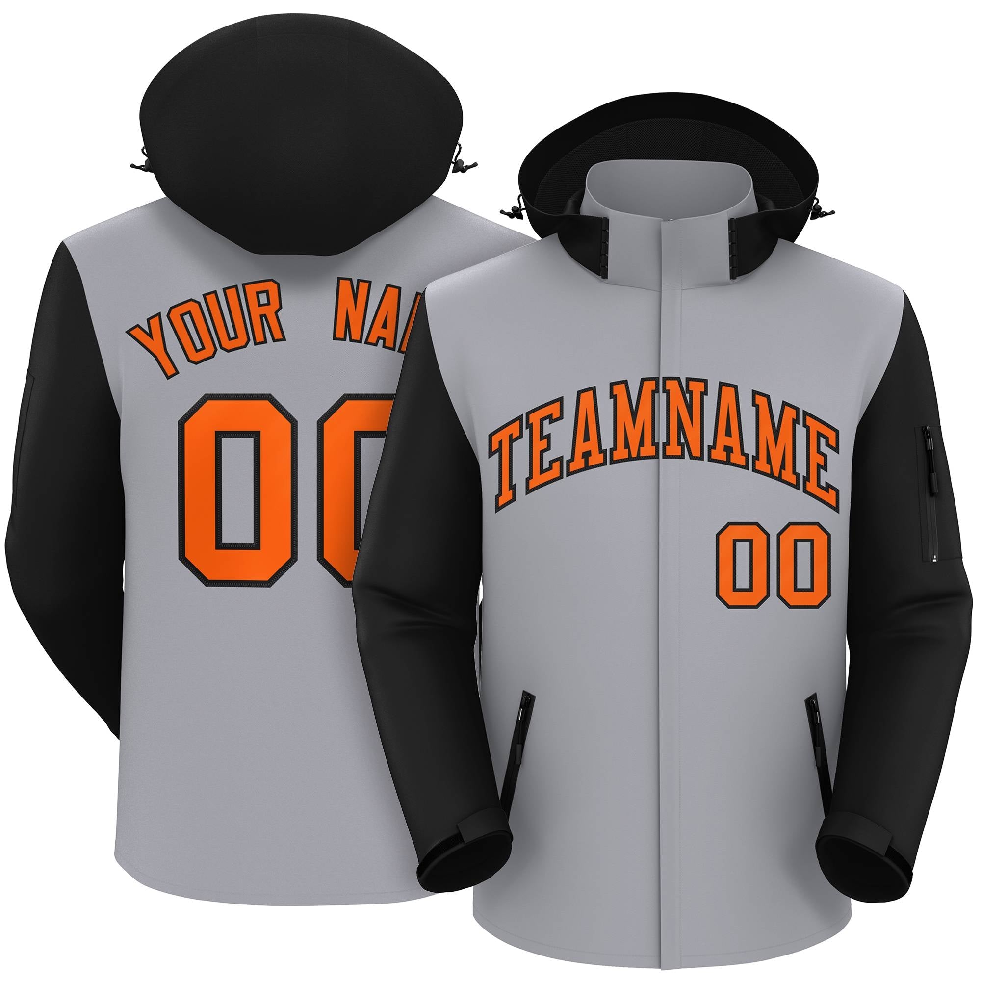 Custom Gray Black-Orange Raglan Sleeves Waterproof Jacket