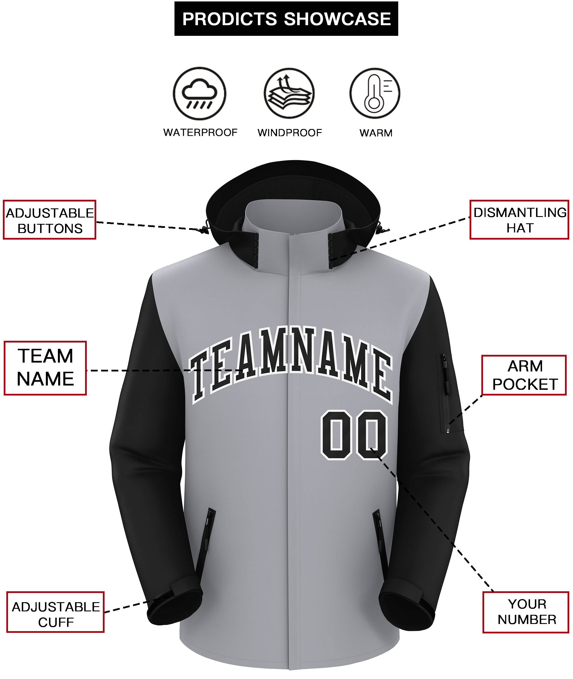 Custom Gray Black-White Raglan Sleeves Waterproof Jacket