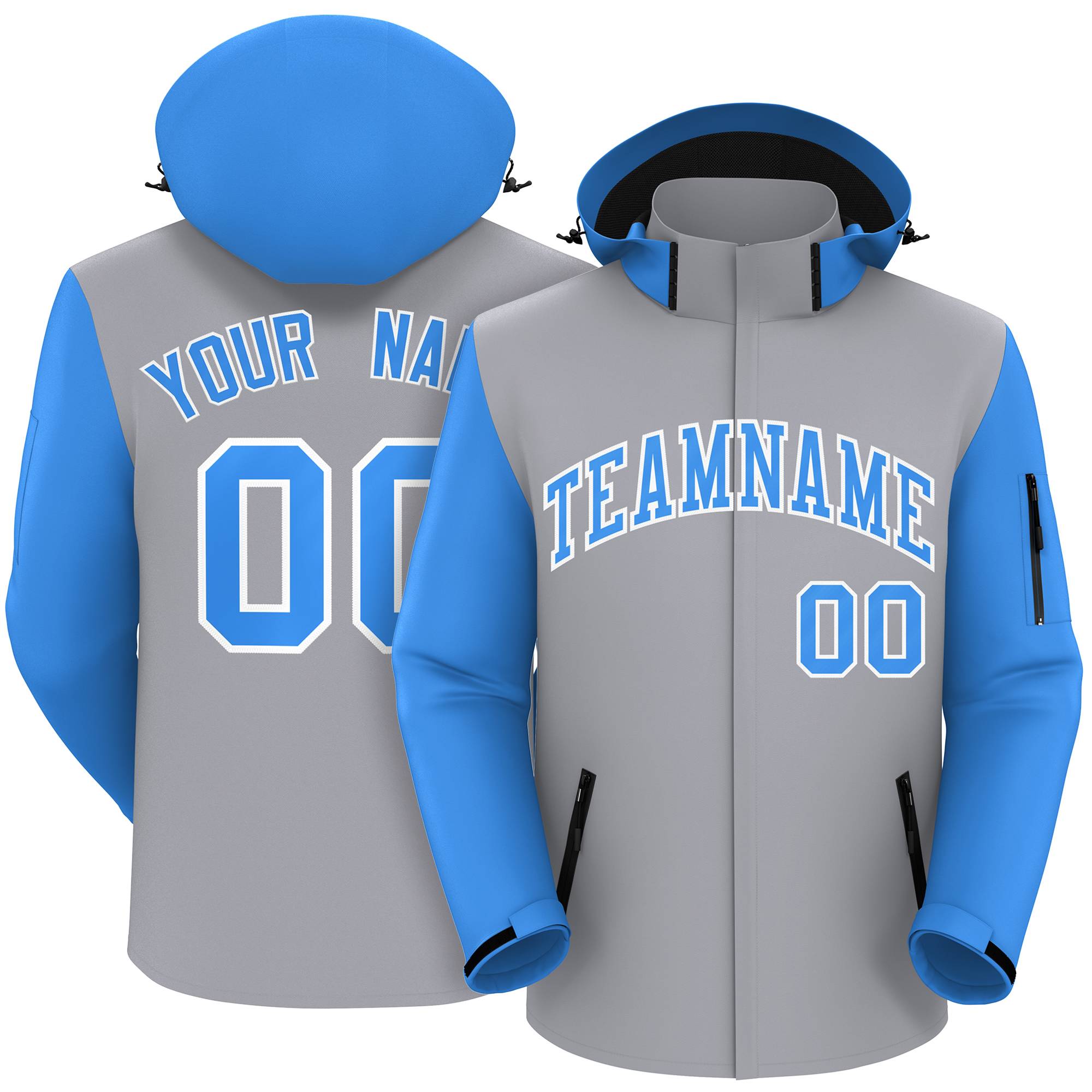 Custom Gray Powder Blue-White Raglan Sleeves Waterproof Jacket