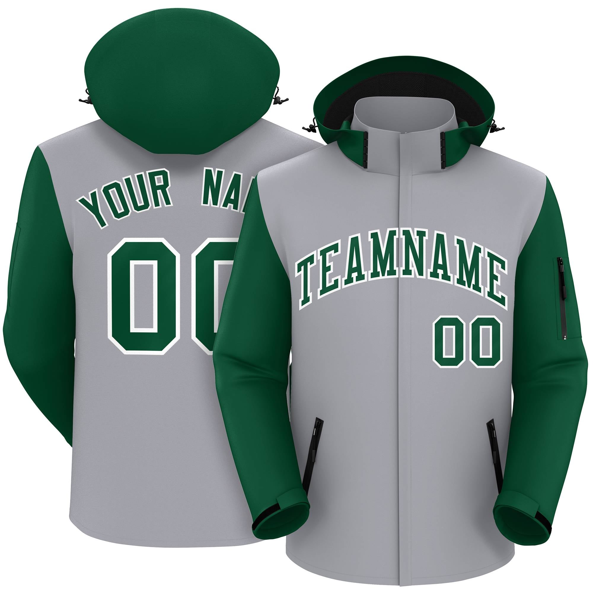 Custom Gray Green-White Raglan Sleeves Waterproof Jacket