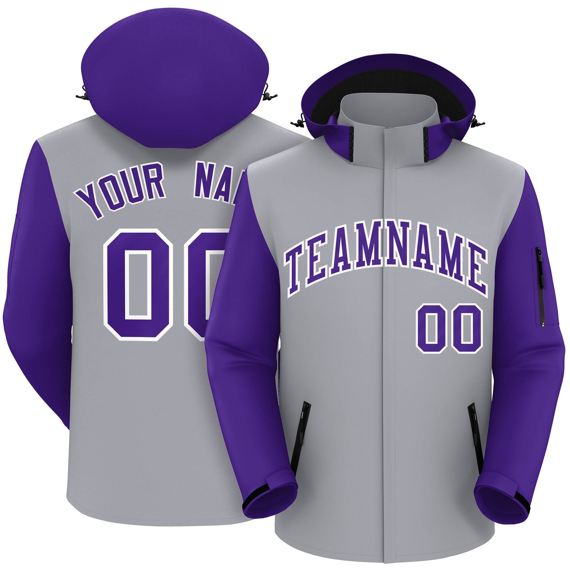 Custom Gray Purple-White Raglan Sleeves Waterproof Jacket