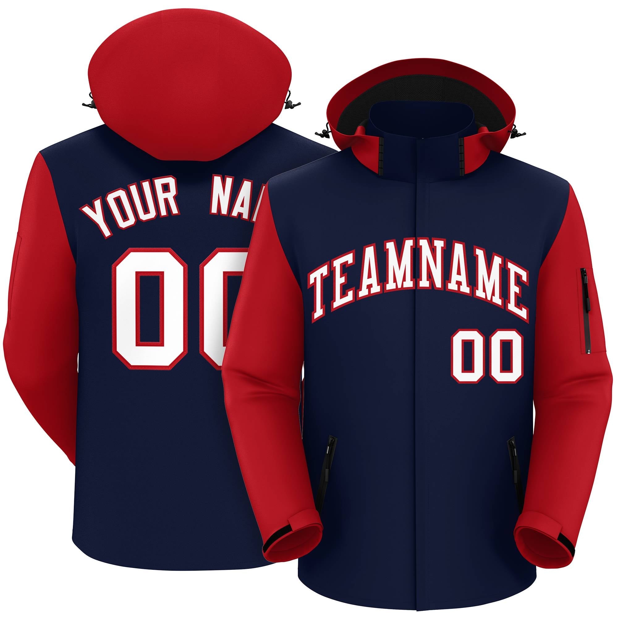 Custom Navy Red-White Raglan Sleeves Waterproof Jacket