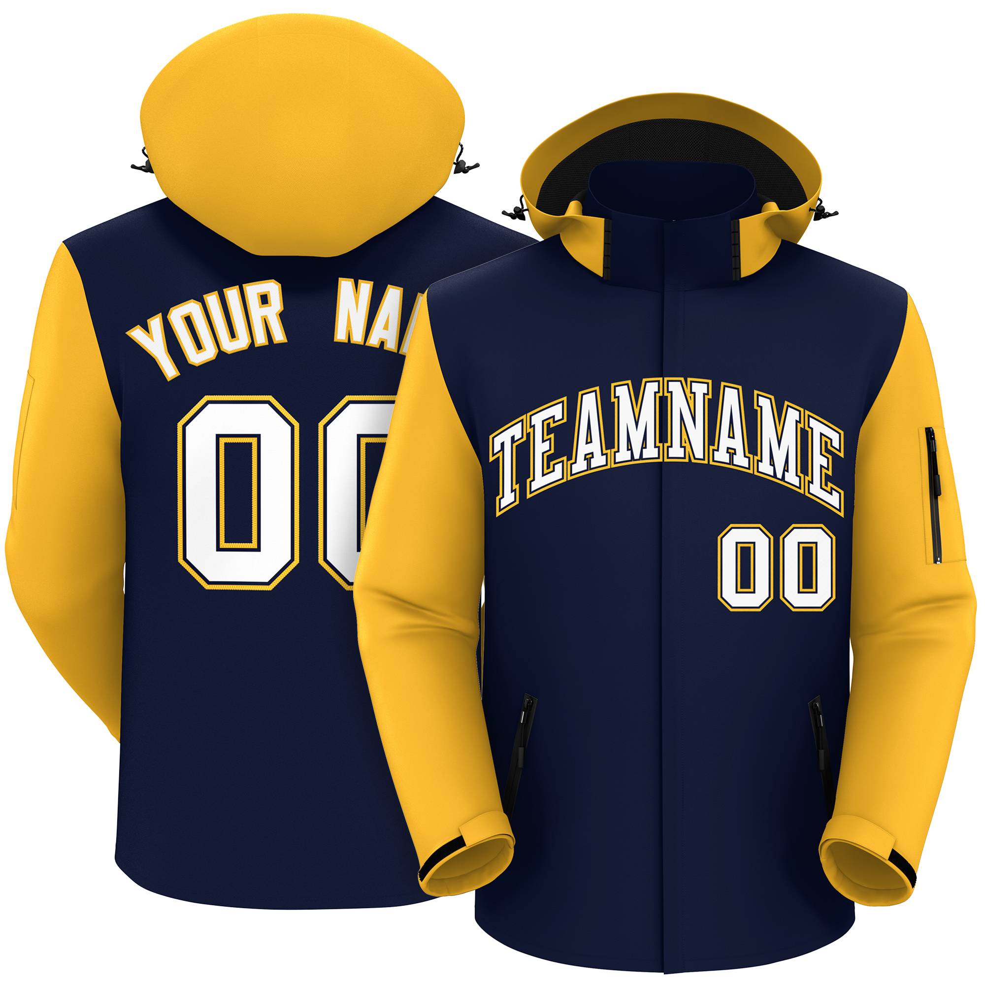 Custom Navy Gold-White Raglan Sleeves Waterproof Jacket