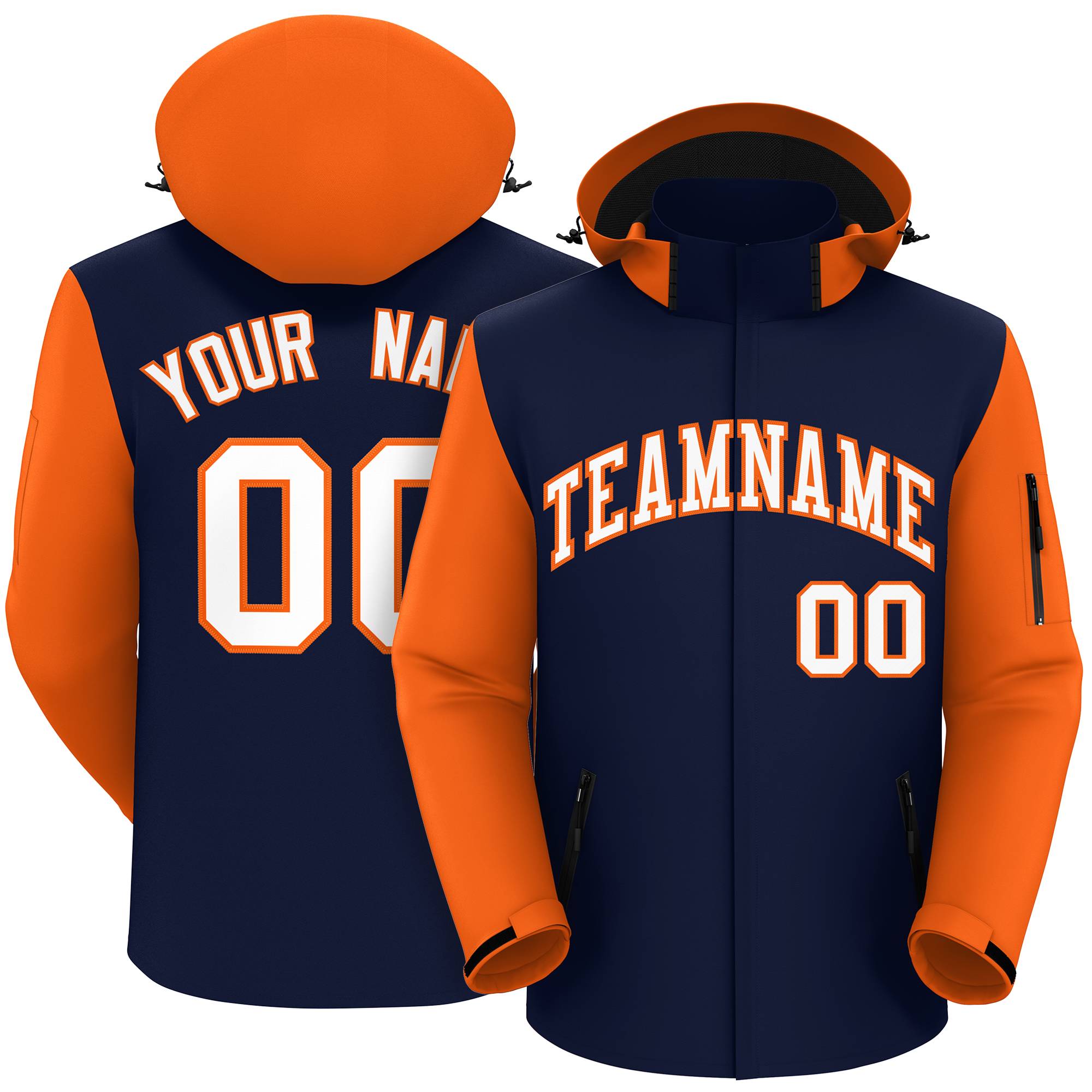 Custom Navy Orange-White Raglan Sleeves Waterproof Jacket