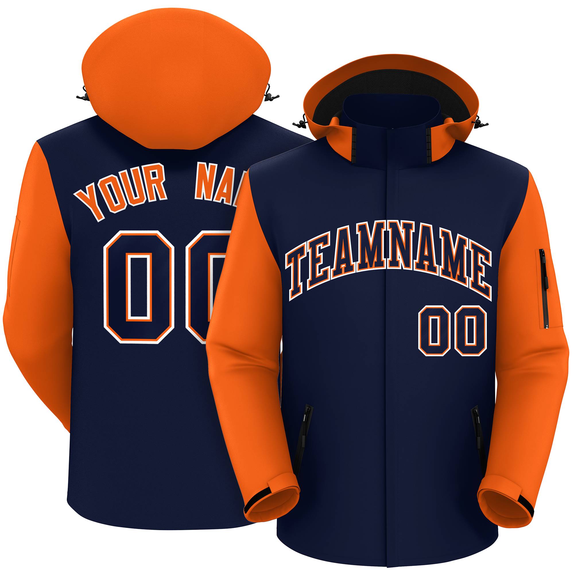 Custom Navy Orange-White Raglan Sleeves Waterproof Jacket