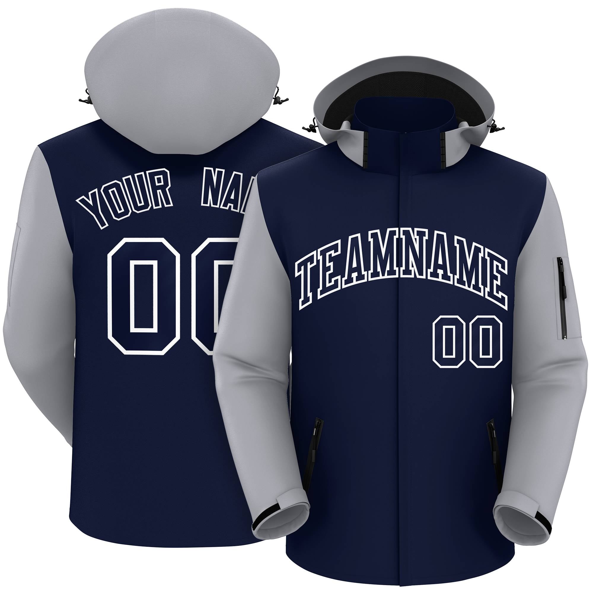 Custom Navy Gray-White Raglan Sleeves Waterproof Jacket