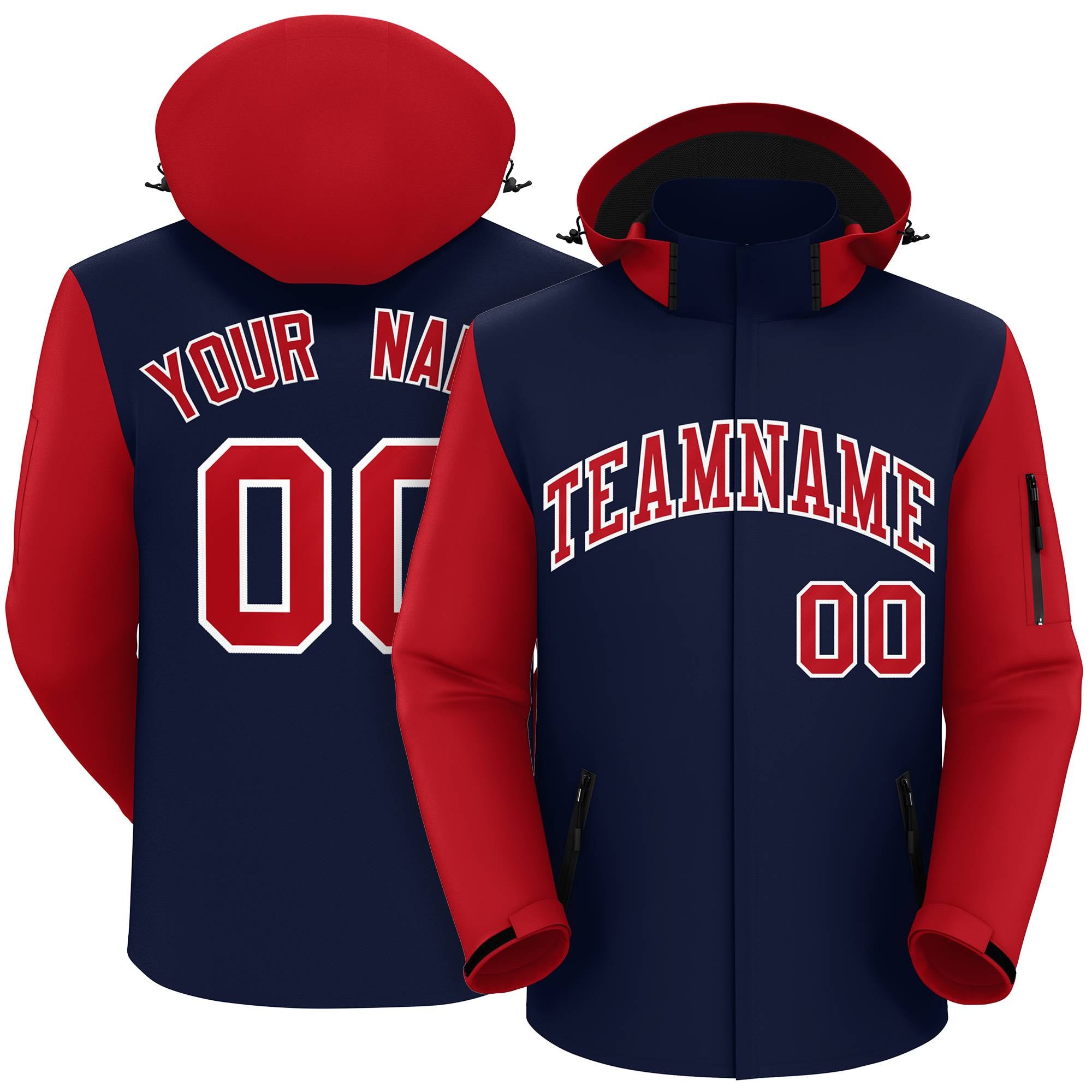 Custom Navy Red-White Raglan Sleeves Waterproof Jacket