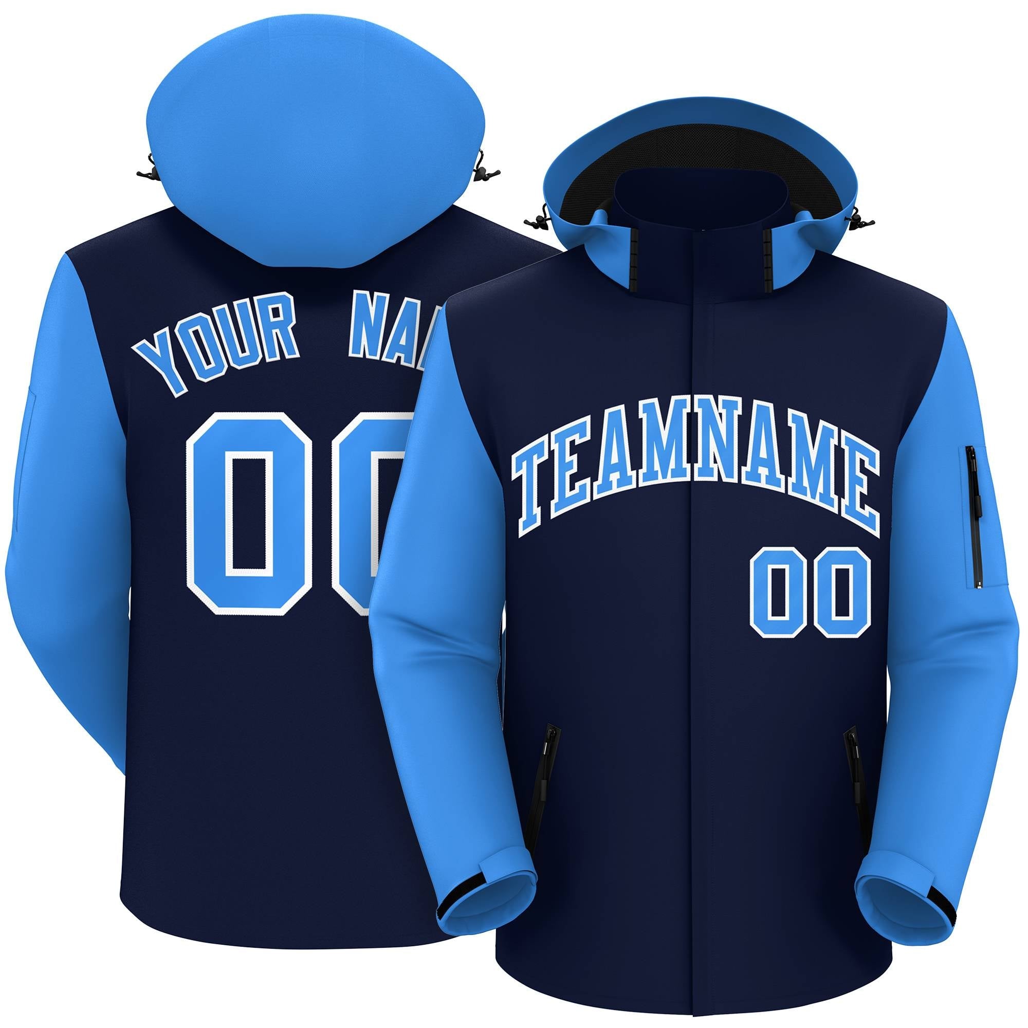 Custom Navy Powder Blue-White Raglan Sleeves Waterproof Jacket