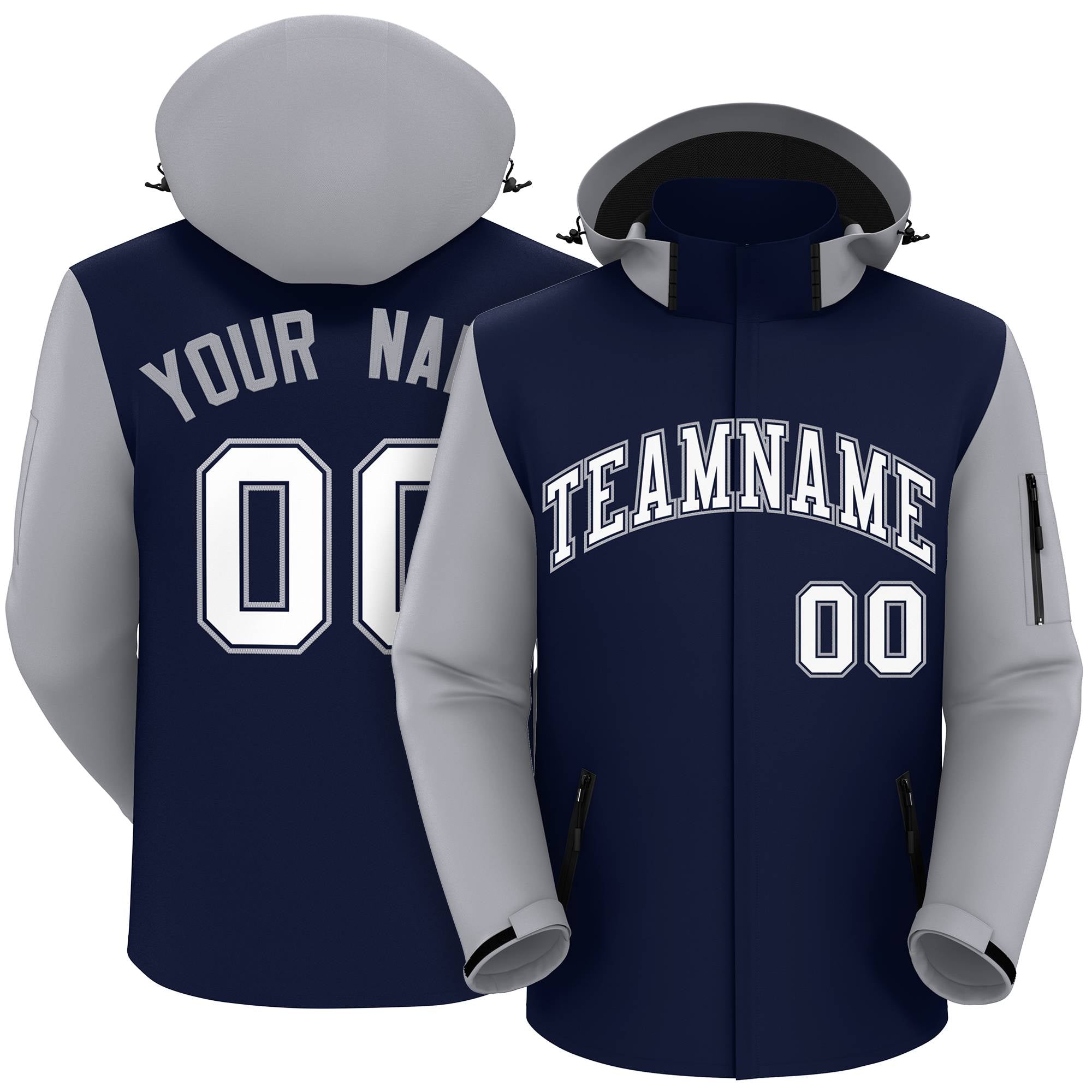 Custom Navy Gray-White Raglan Sleeves Waterproof Jacket