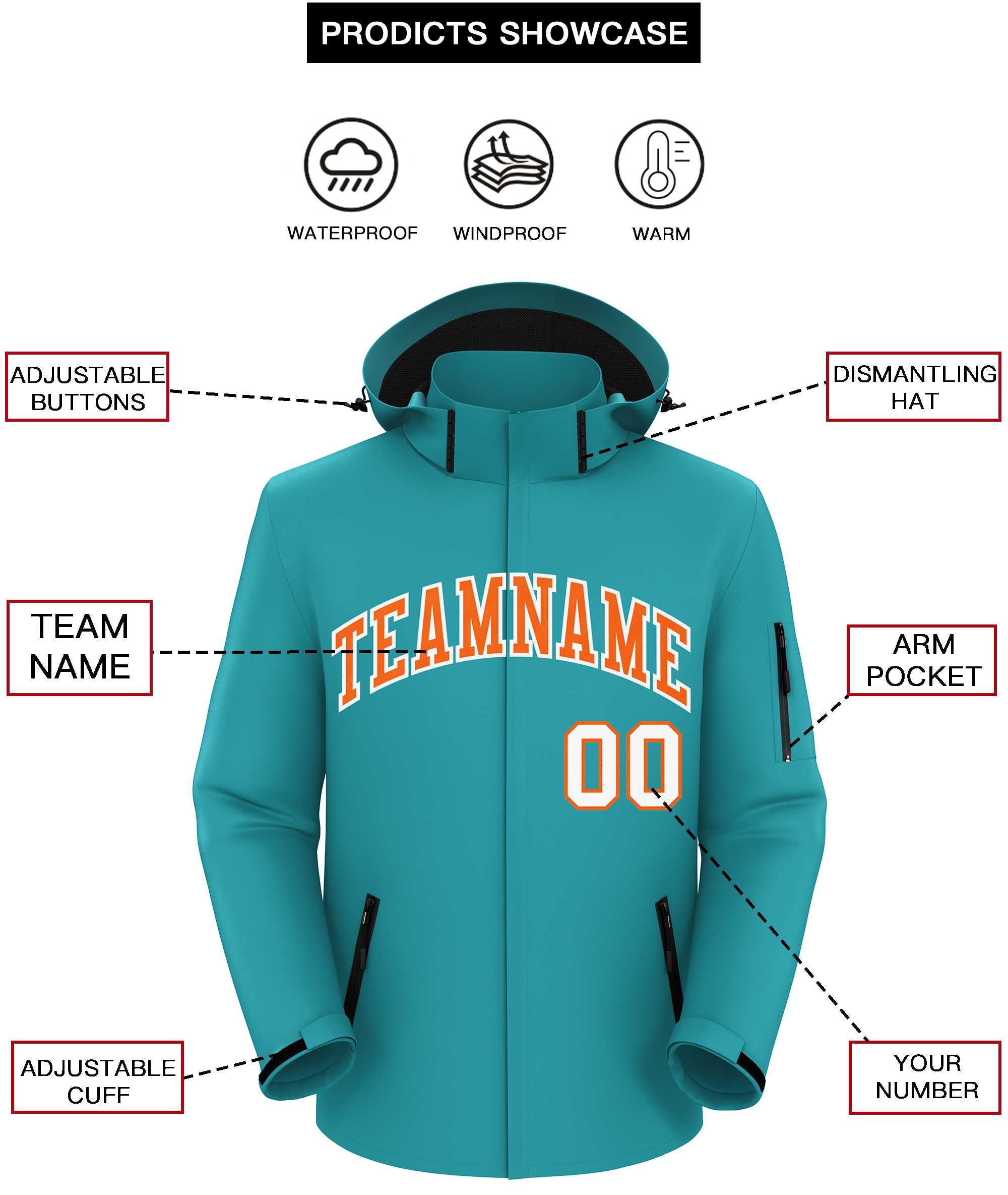 Custom Aqua Orange-White Classic Style Waterproof Jacket