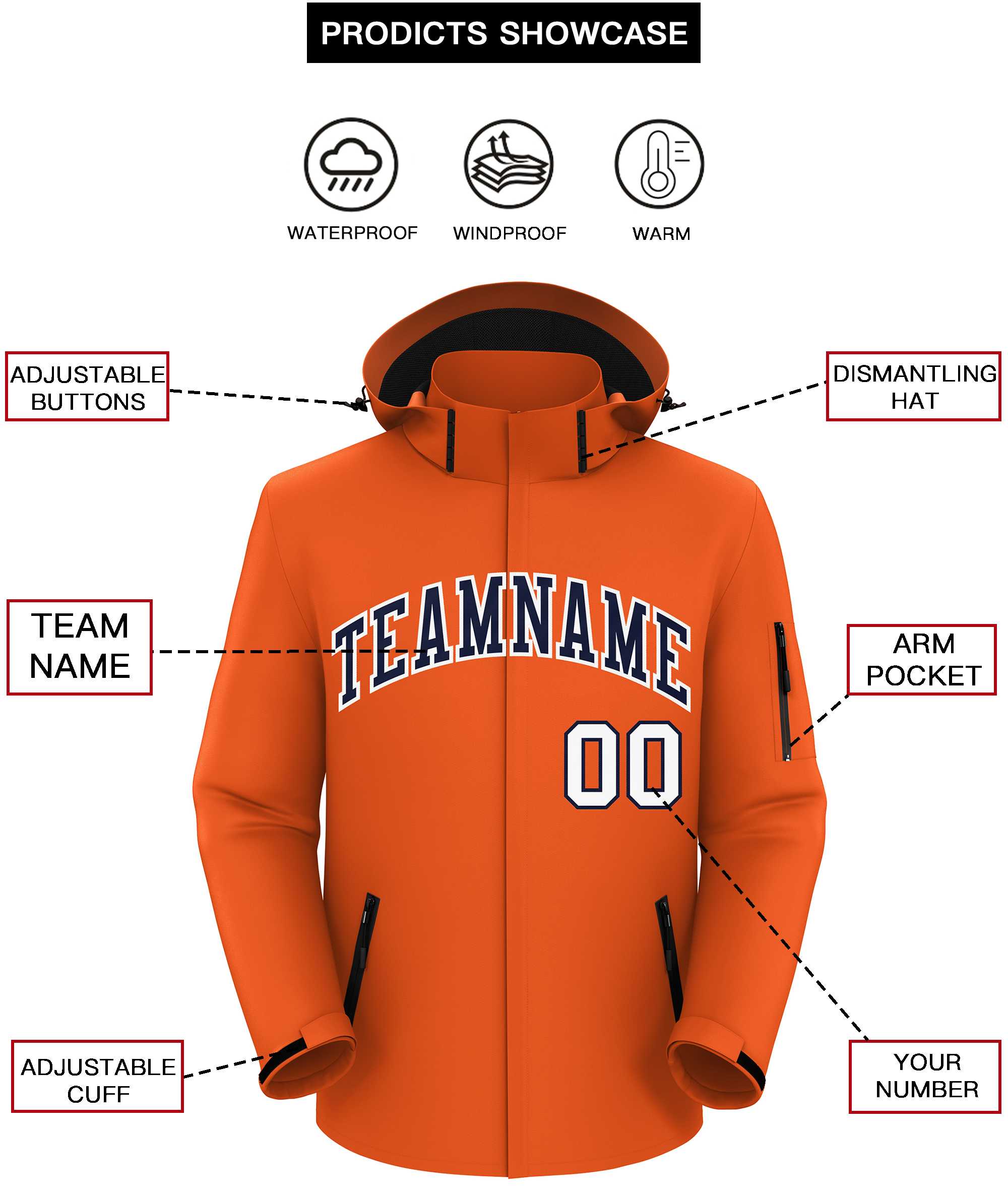 Custom Orange Navy-White Classic Style Waterproof Jacket