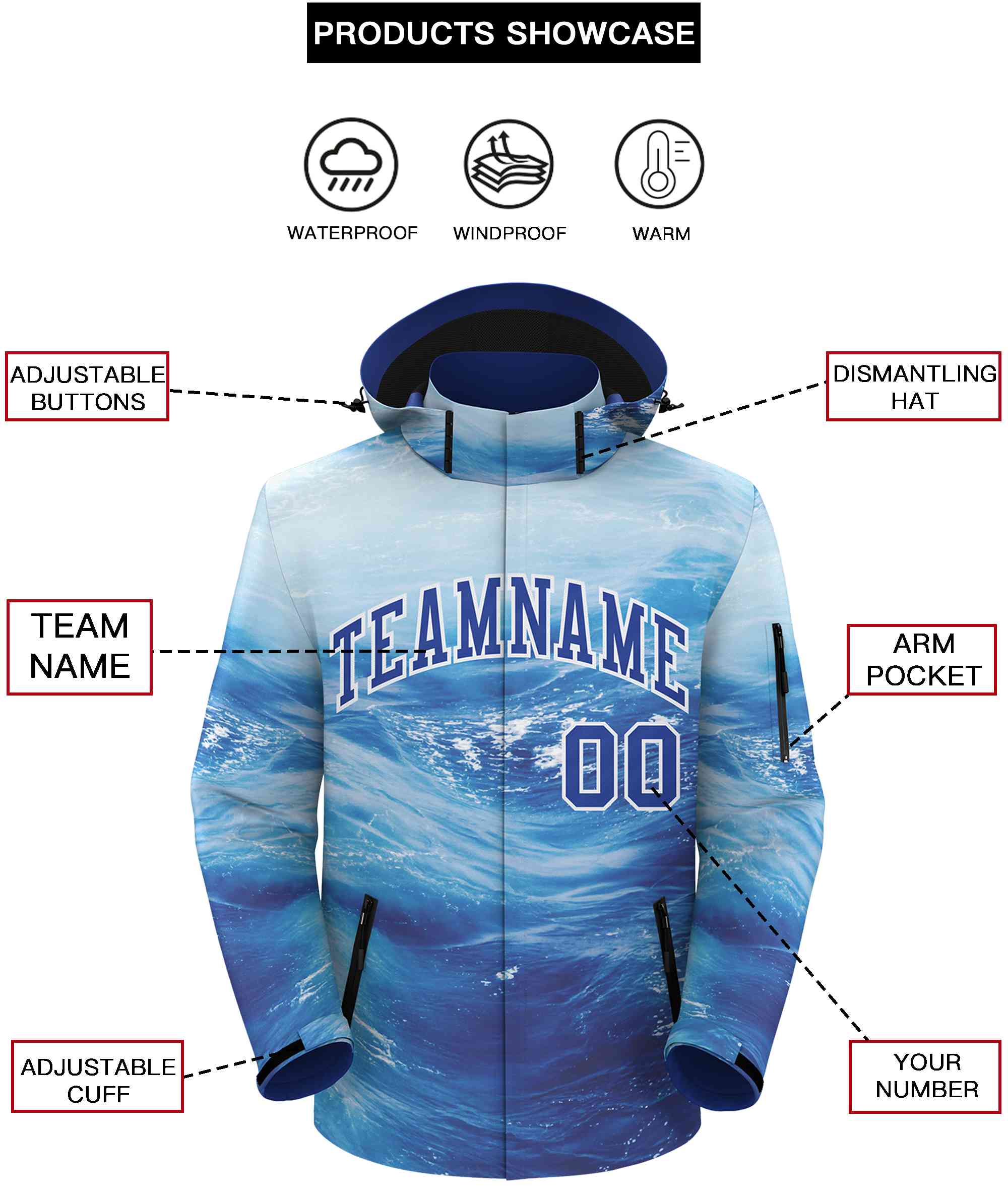 Custom Royal White Graffiti Pattern Personalized Outdoor Hooded Waterproof Jacket